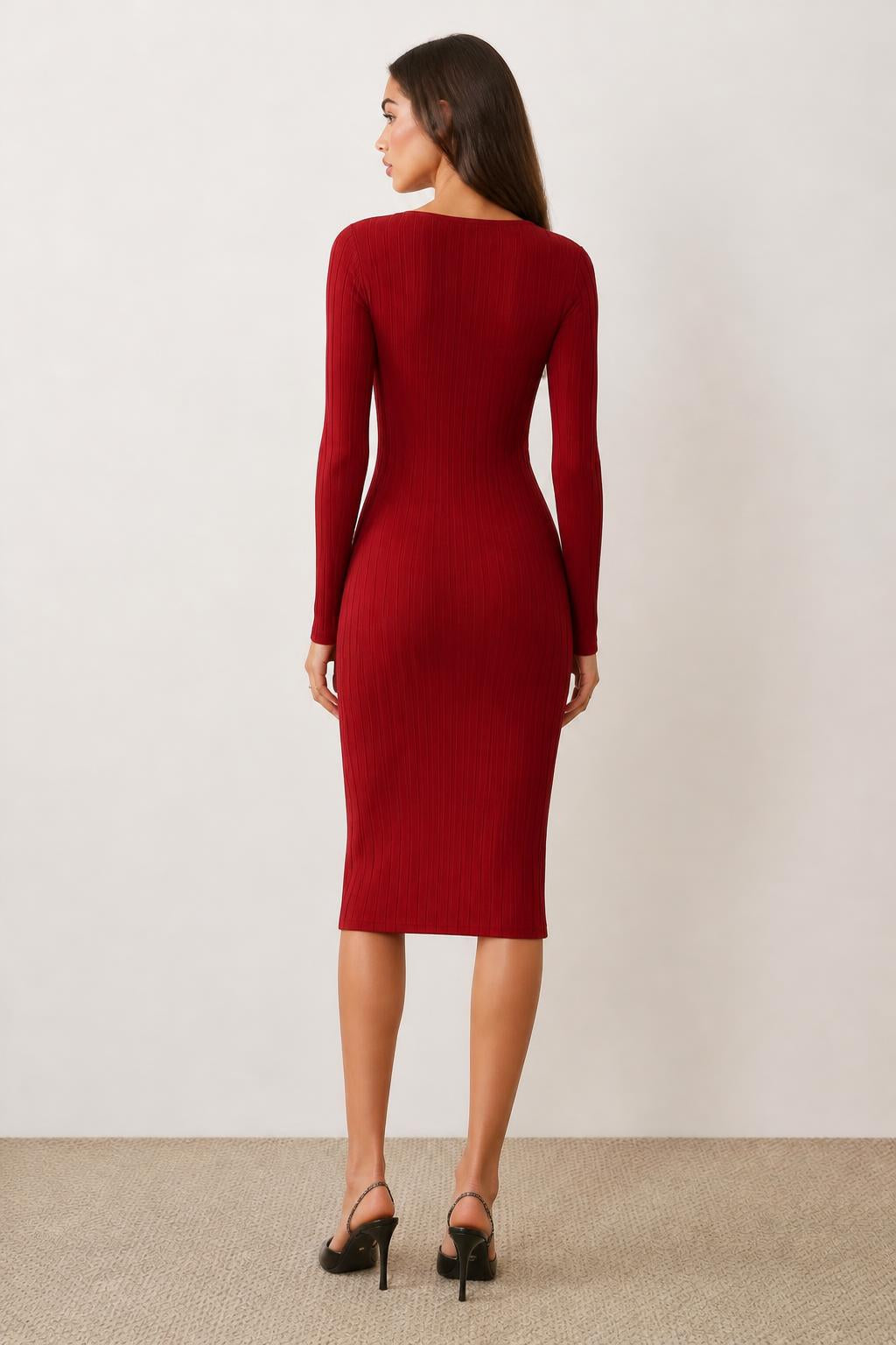 Olivia | Long Sleeve Maxi Dress, Ribbed and Fitted - back view