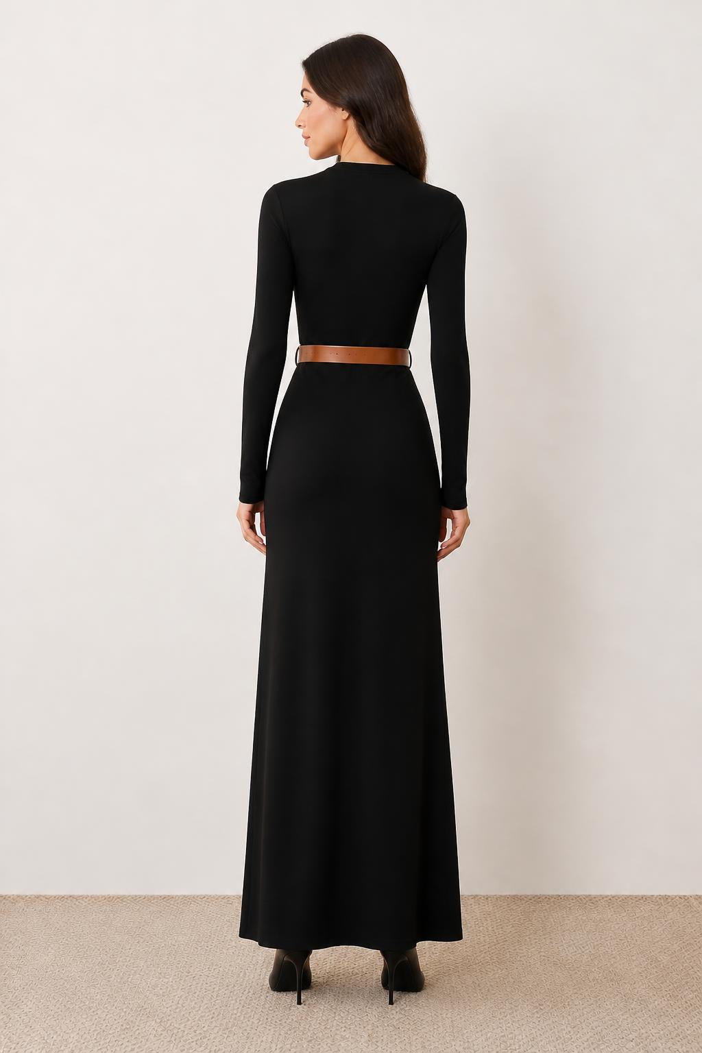 Charlotte | Bodycon Maxi Dress, High Collar with Waist Knot - back view