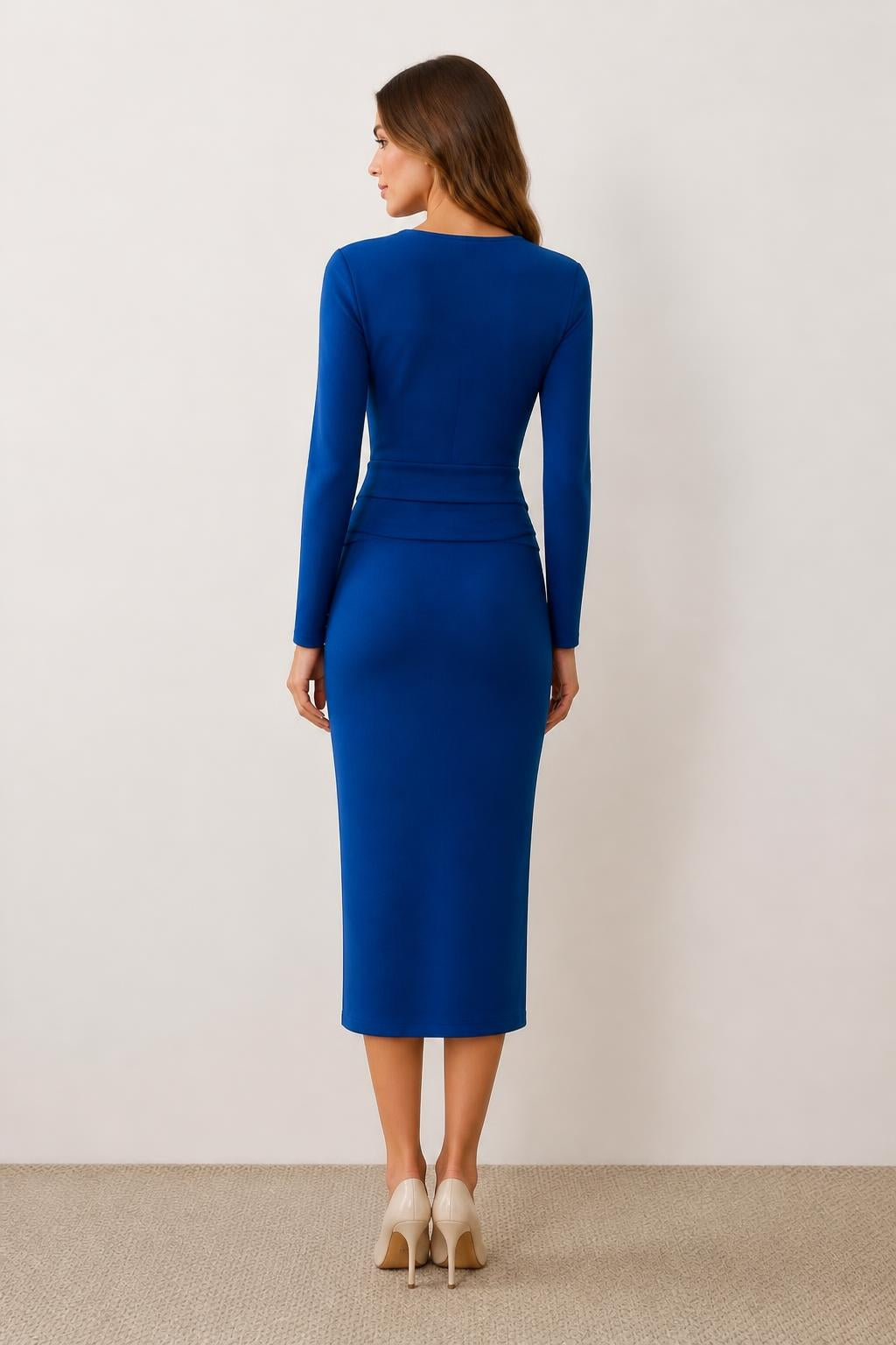 Emma | Pencil Dress, V-Neck Long Sleeve Midi with Shoulder Buttons - back view