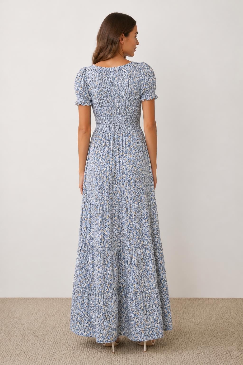 Mia | Puff Sleeve Midi Dress, Short Sleeve Printed - back view