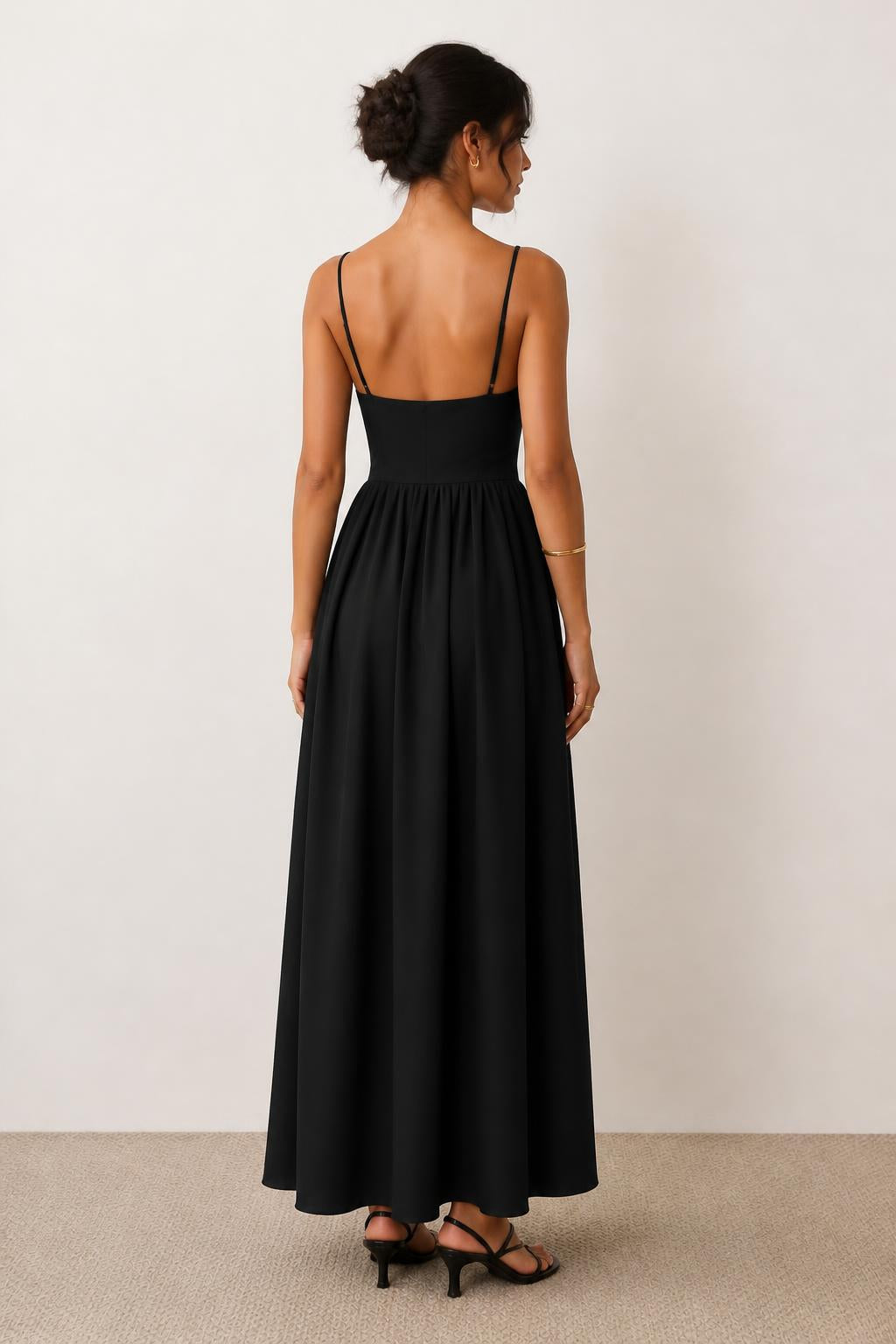 Evelyn | Pleated Dress, Sleeveless Strappy Midi with Pockets - back view
