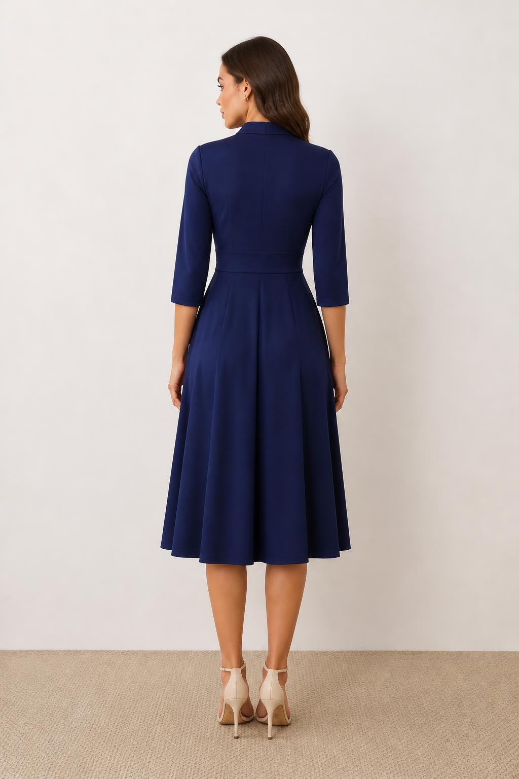 Charlotte | Navy Blue Dress, Tie-Waist Midi for Elegant Workwear - back view