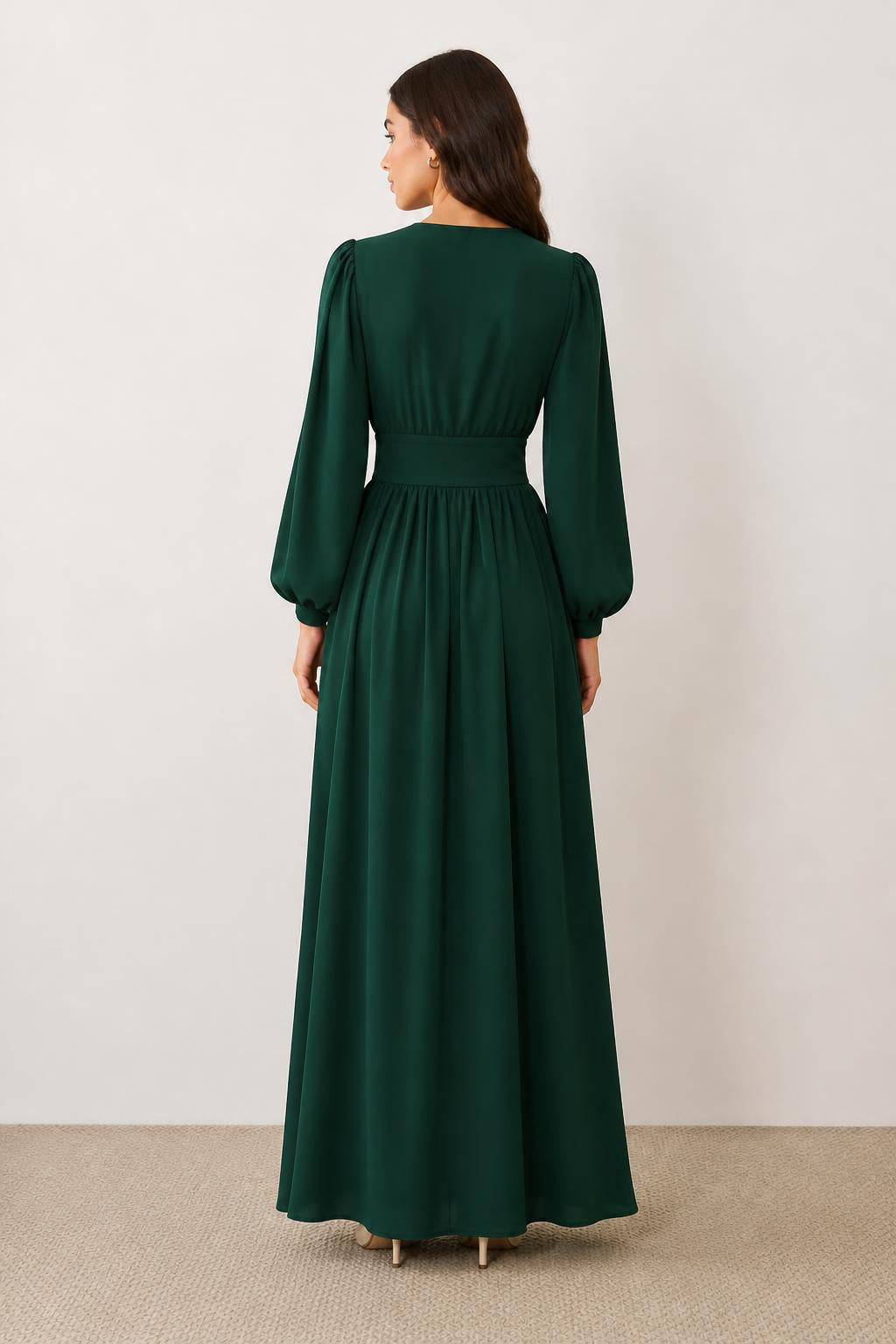Emma | Midi Dress with Sleeves, Solid, Lantern Sleeves and Gathered Waist - back view