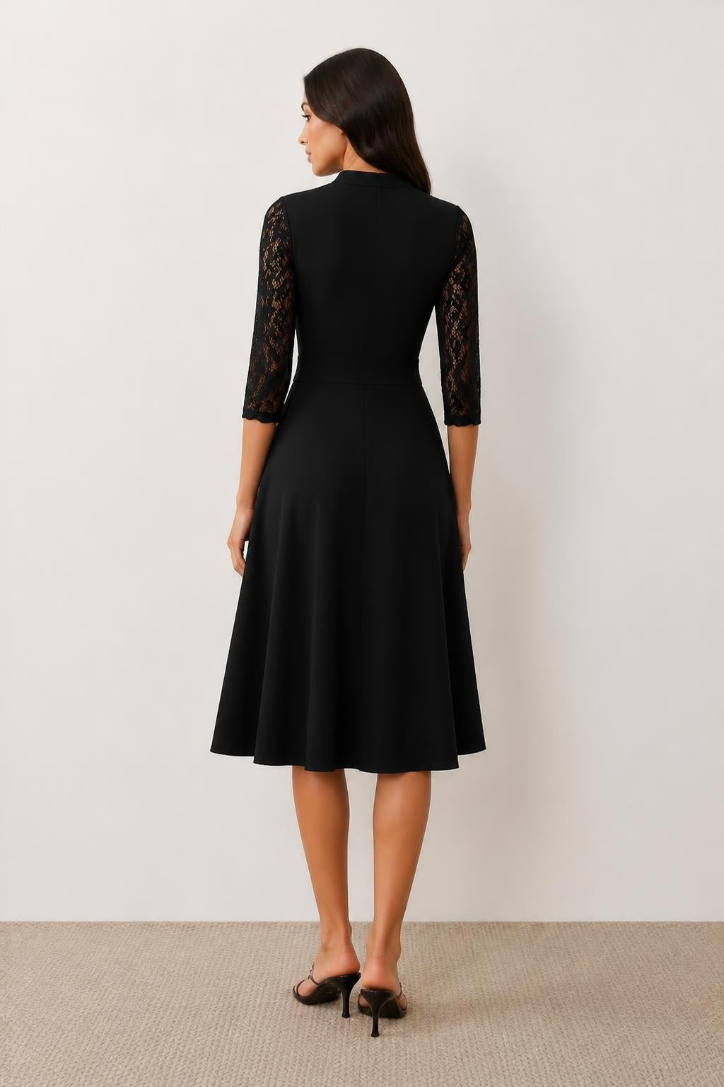 Isabella | Lace Sleeve Dress, V-Neck A-Line Midi - back view