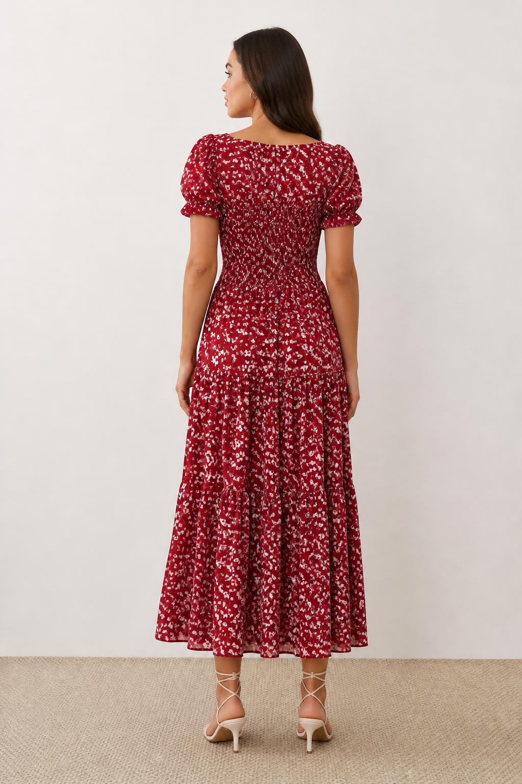 Evelyn | Floral Midi Dress, Ruffle Sleeves and Gathered Waist - back view