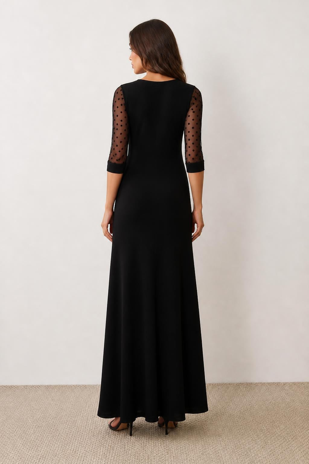 Sofia | Black Midi Dress, A-Line with Lace Sleeves - back view