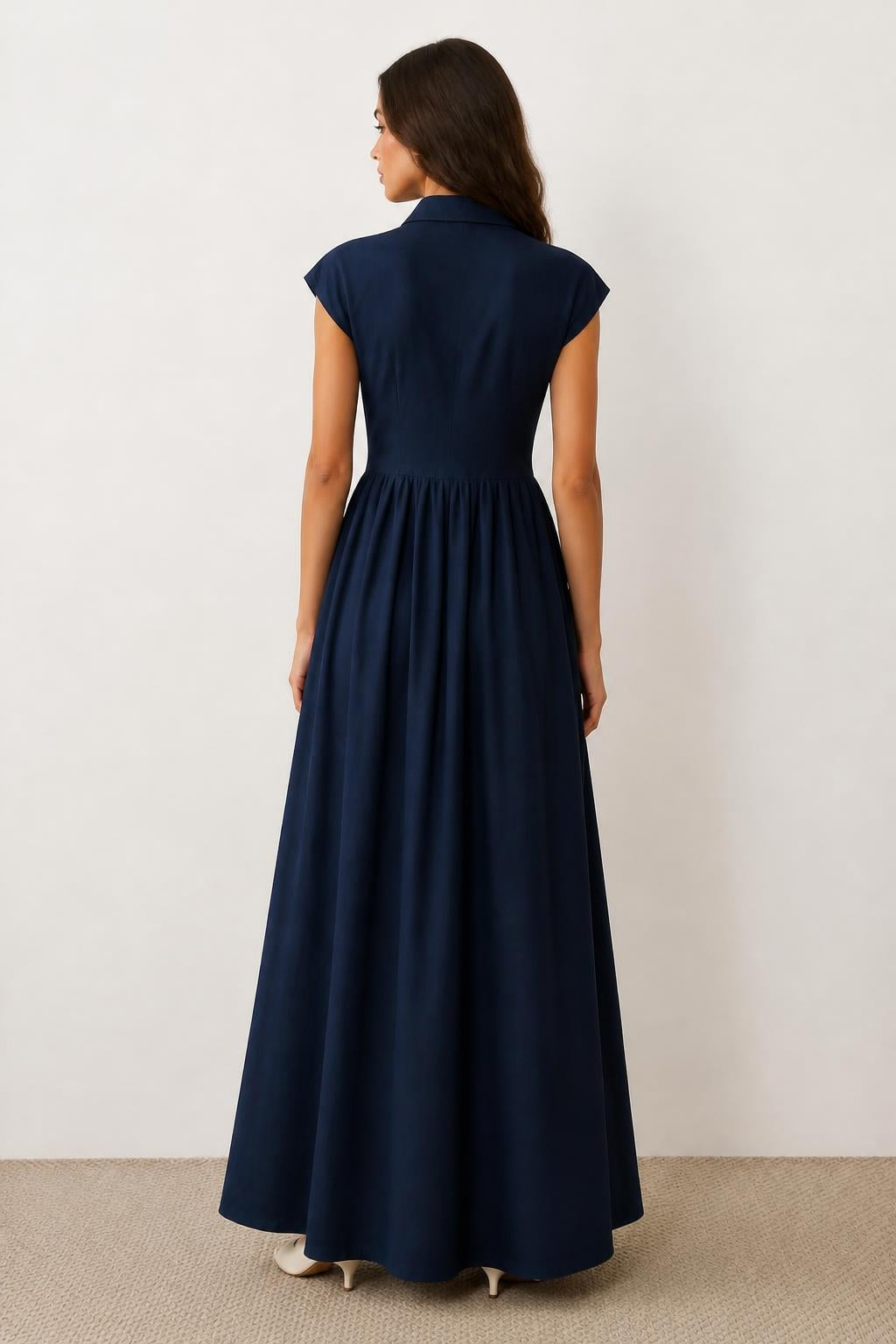 Emma | Midi Shirt Dress, Navy Embroidered Sleeveless in 100% Cotton - back view