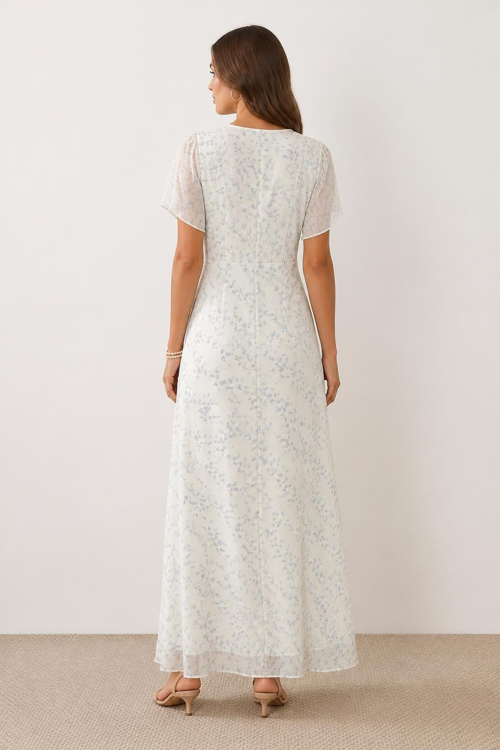 Charlotte | Short Sleeve Midi Dress, Elegant Floral Round Neck - back view