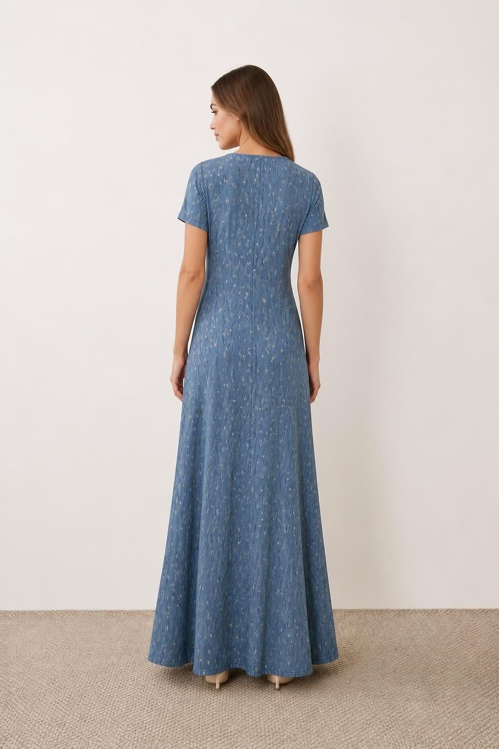 Amelia | Boho Dress, V-Neck Short Sleeve Midi with Floral Print - back view