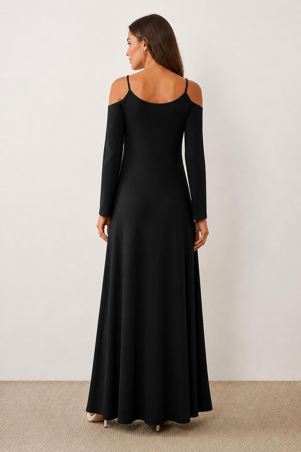 Sophia | Black A Line Dress, V-Neck Cold-Shoulder Midi - back view