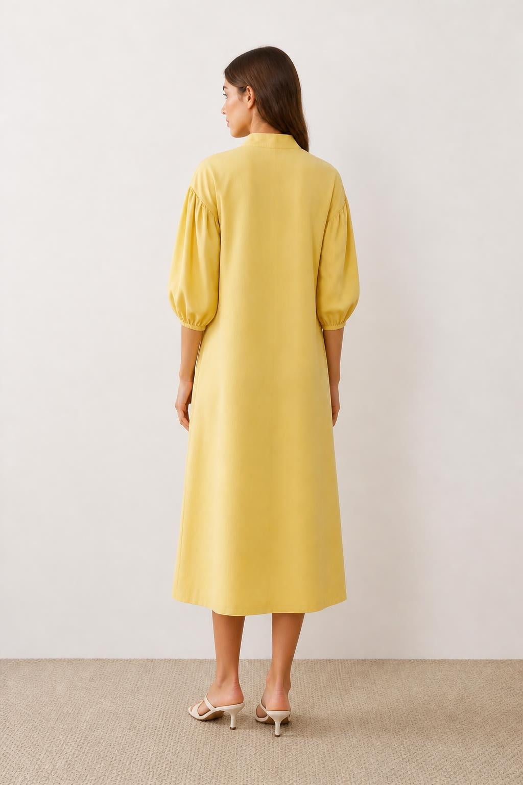 Mia | Summer Midi Dress, Stand Collar and Puff Sleeves - back view