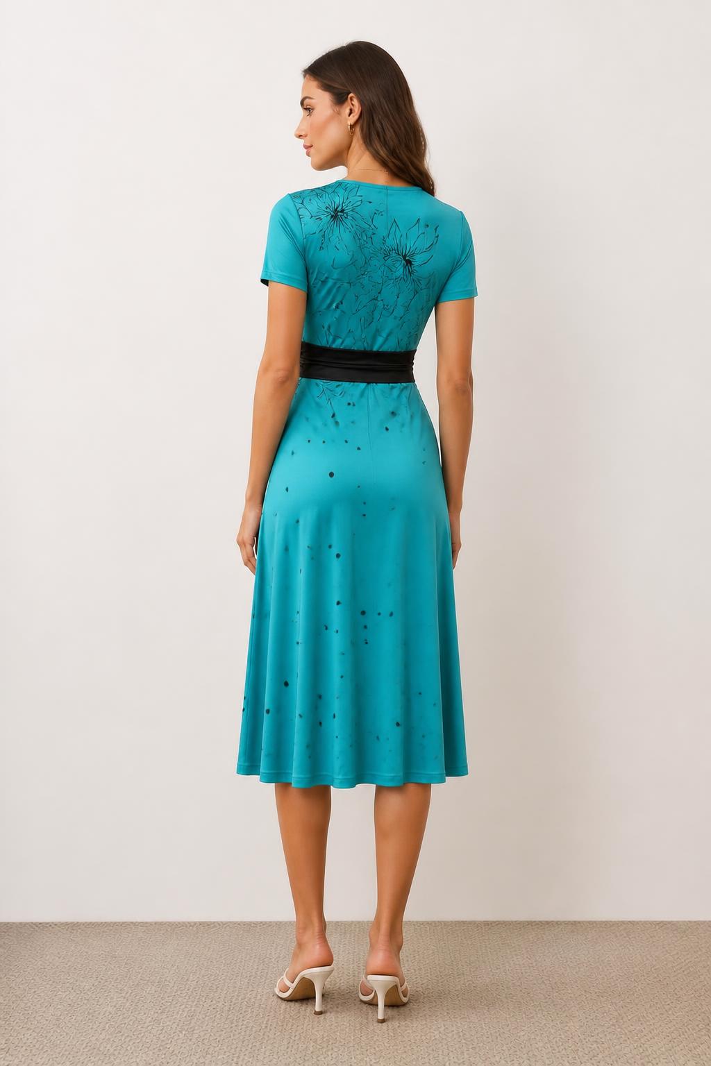 Isabella | Asymmetrical Dress, Elegant V-Neck Midi with Patchwork Print - back view
