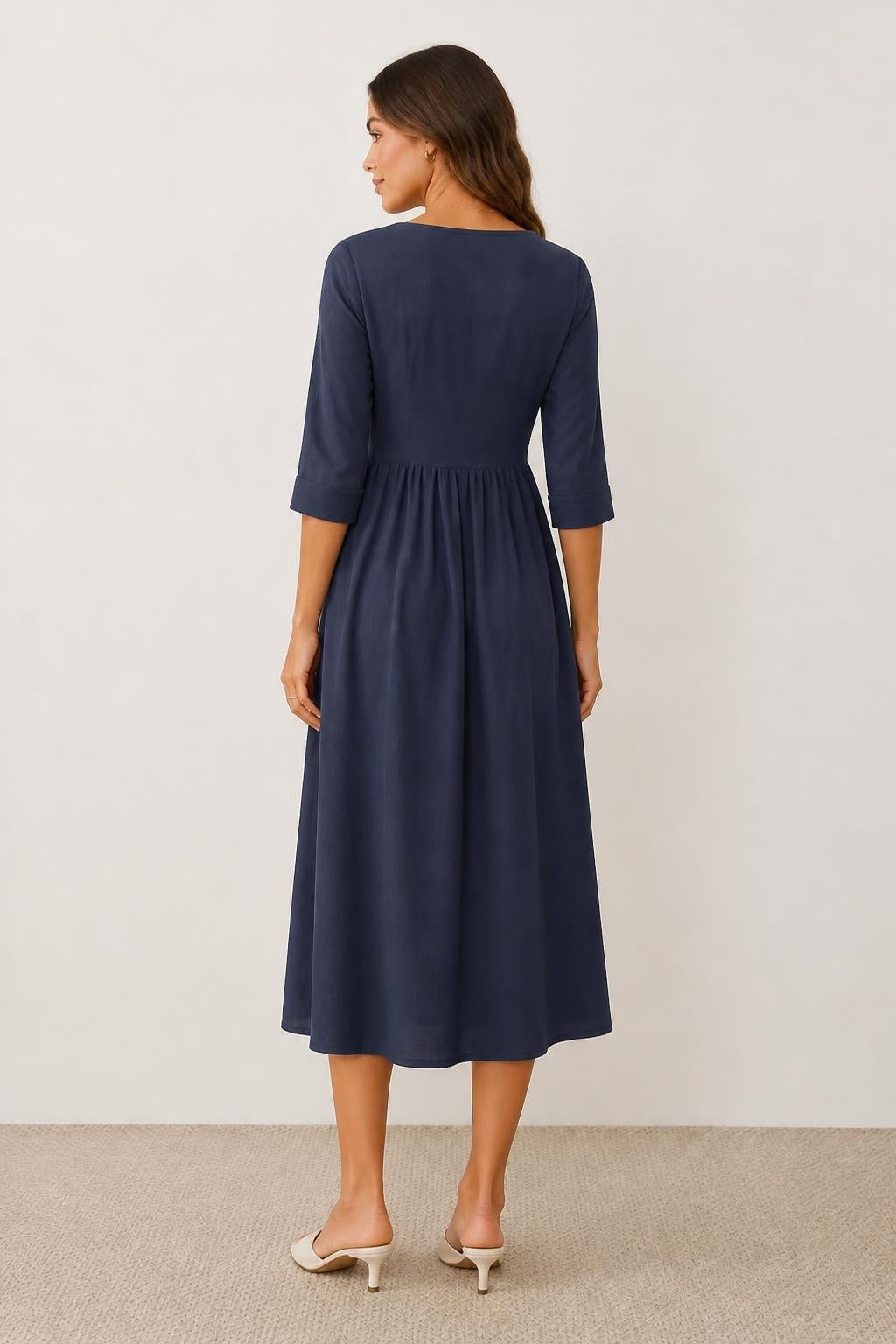 Evelyn | V Neck Dress, All-Season Pleated Midi - back view
