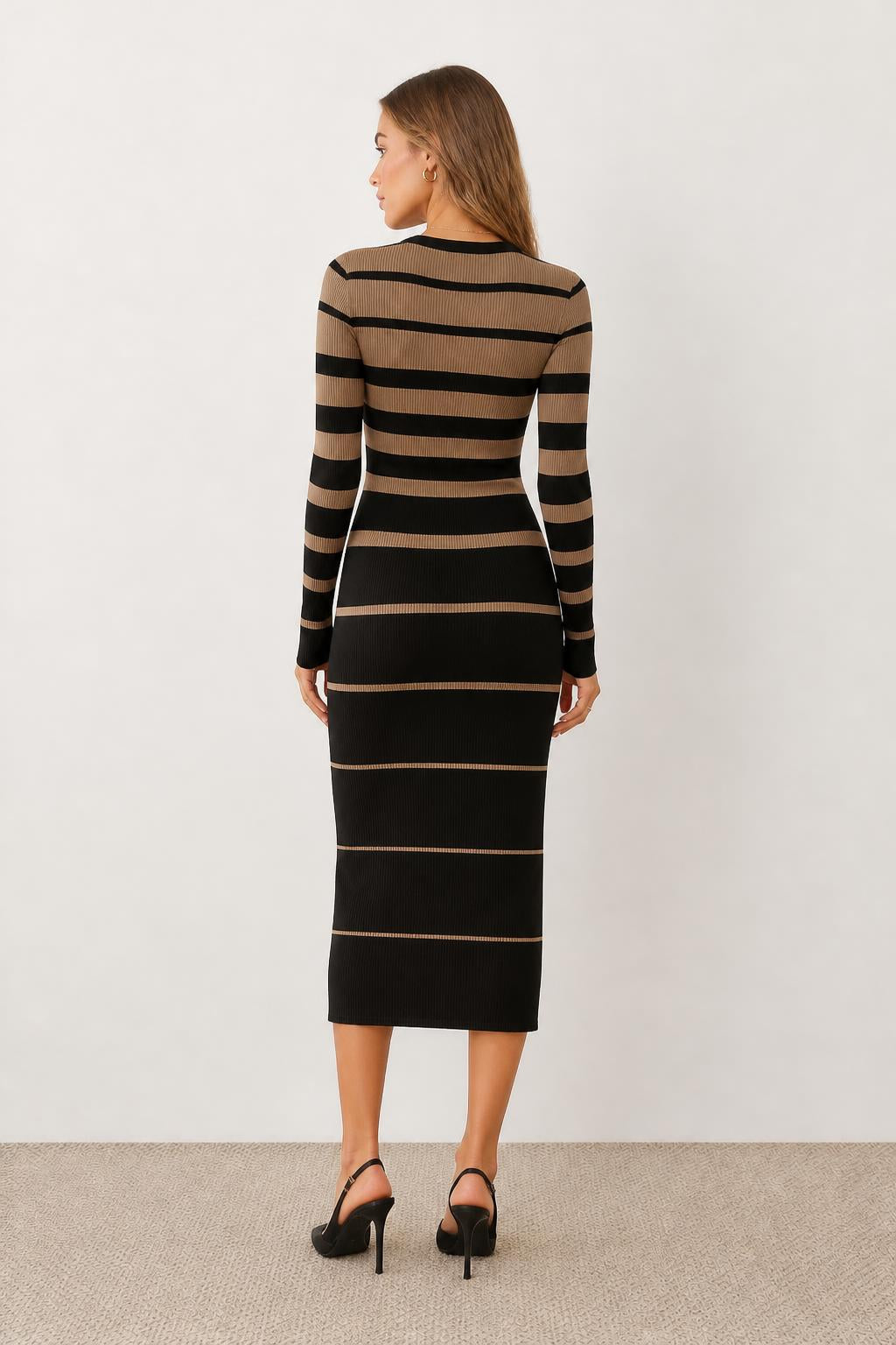 Emma | Striped Dress, Casual Round Neck Long Sleeve Sweater Style - back view