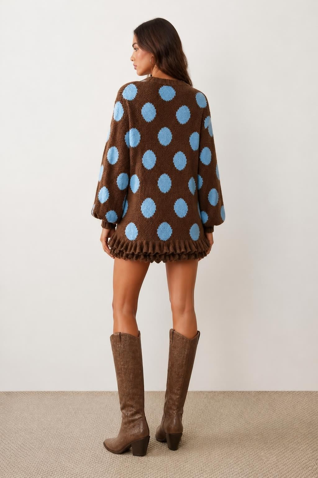 Sophia | Polka Dot Dress, Autumn Colorblock with Puff Sleeves - back view