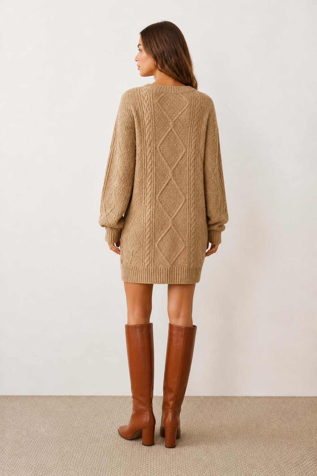 Evelyn | Womens Sweater Dress, Round Neck Cable Knit with Diamond Pattern - back view
