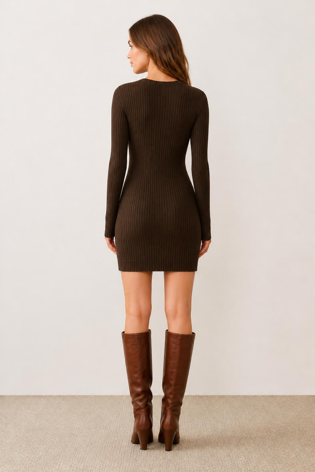 Sofia | Brown Sweater Dress, Dark Slim Ribbed Fit - back view