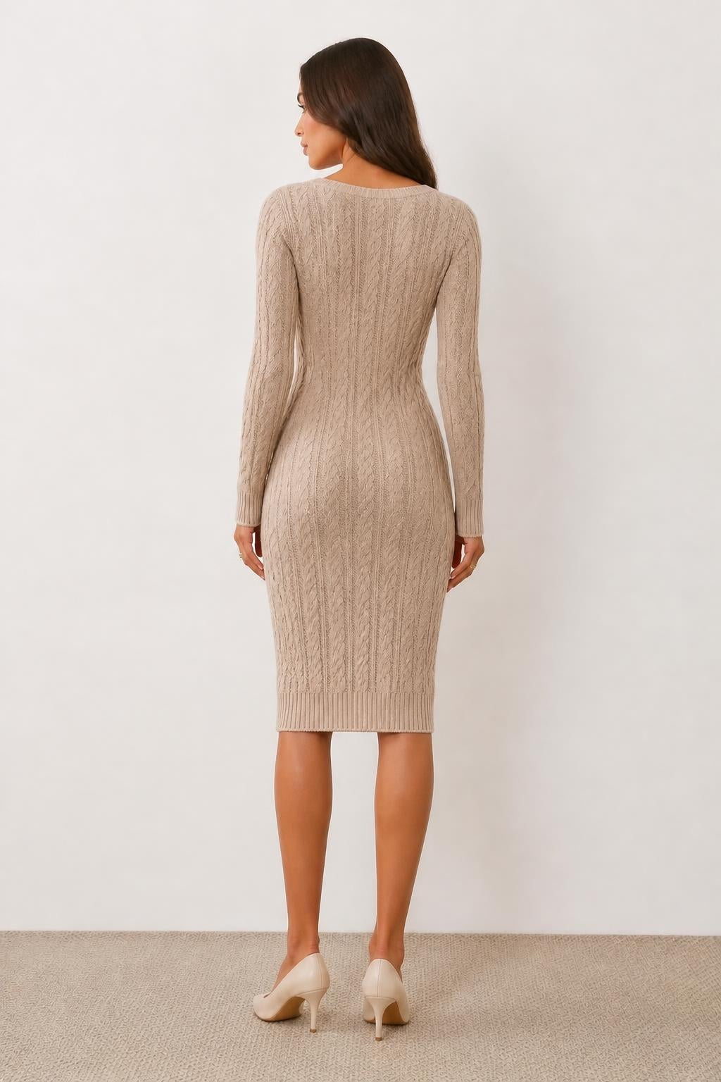 Eliana | Square Neck Dress, Twisted Long Sleeve Bodycon in Beige - back view