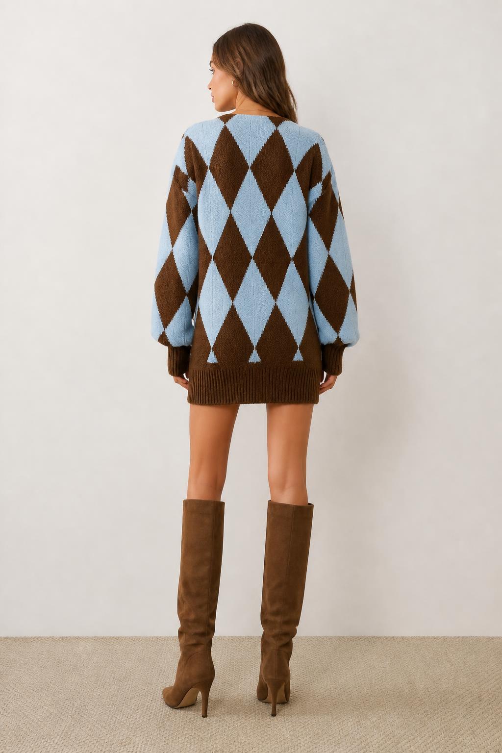 Sophia | Puff Sleeve Dress, Retro Check Jacquard V-Neck, Balloon Sleeves - back view