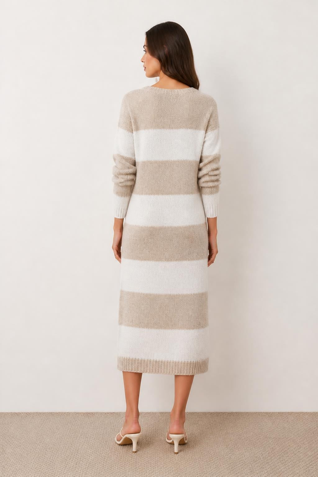 Evelyn | Midi Sweater Dress, Elegant Striped Style - back view