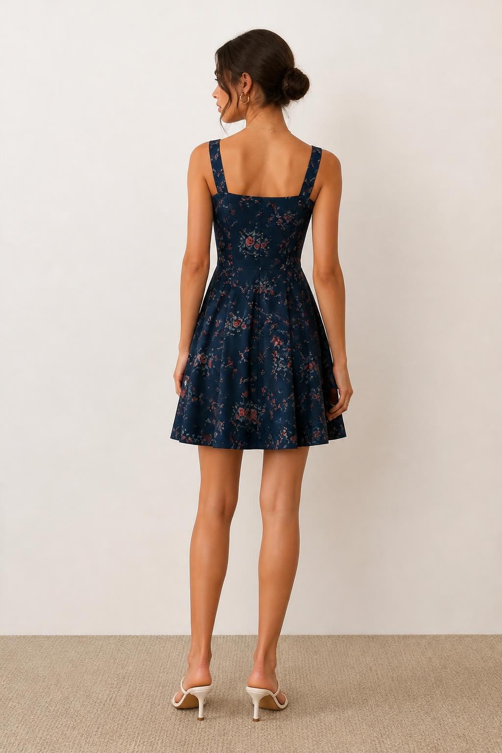 Sofia | Floral Mini Dress, Front Pleats and Waist-Defining Cut - back view