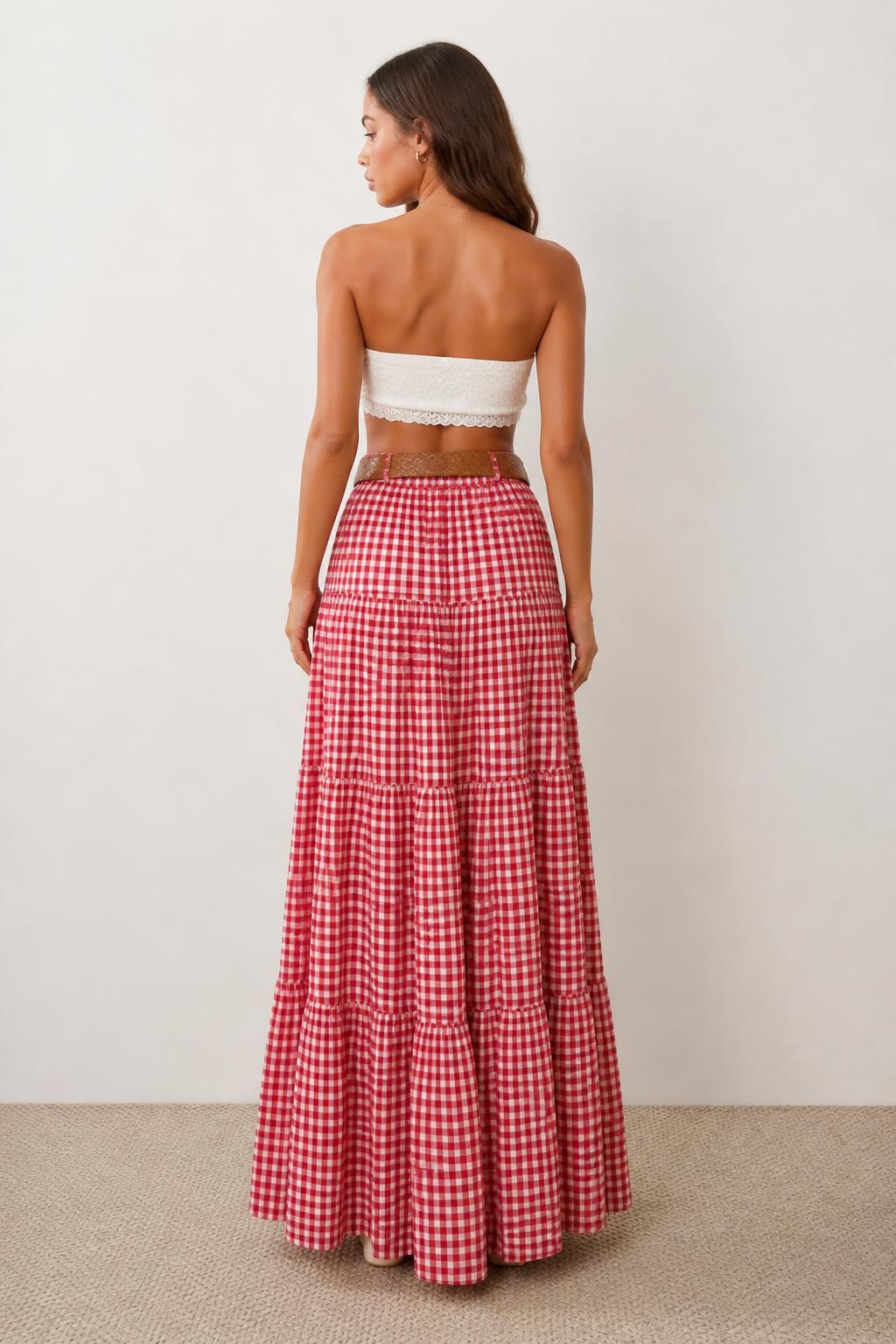 Eliana | Boho Maxi Dress, Red and White Checked High-Waist - back view