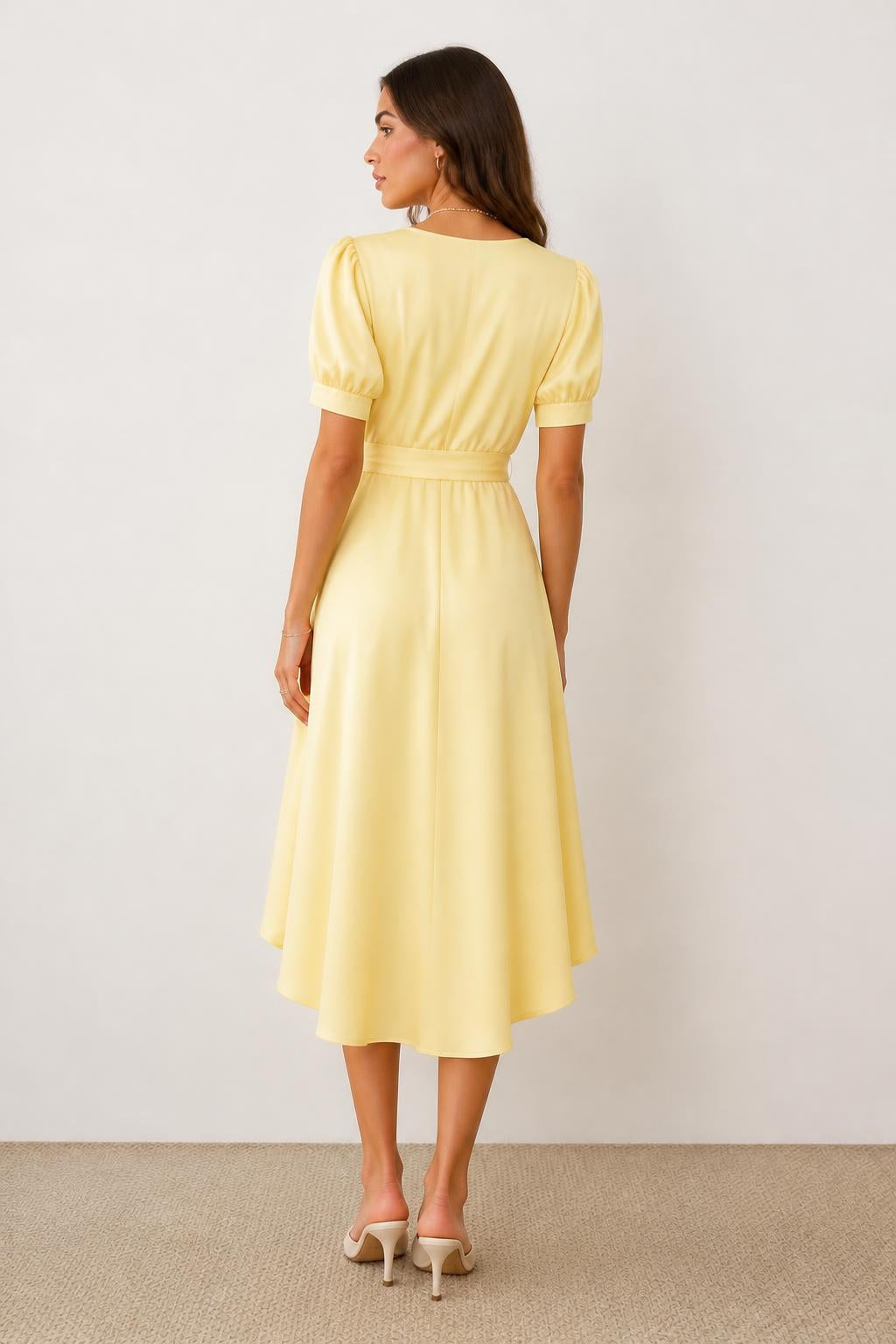 Sofia | Satin Dress, Sweet Ruffle V-Neck, Puff Sleeves and Waistband - back view