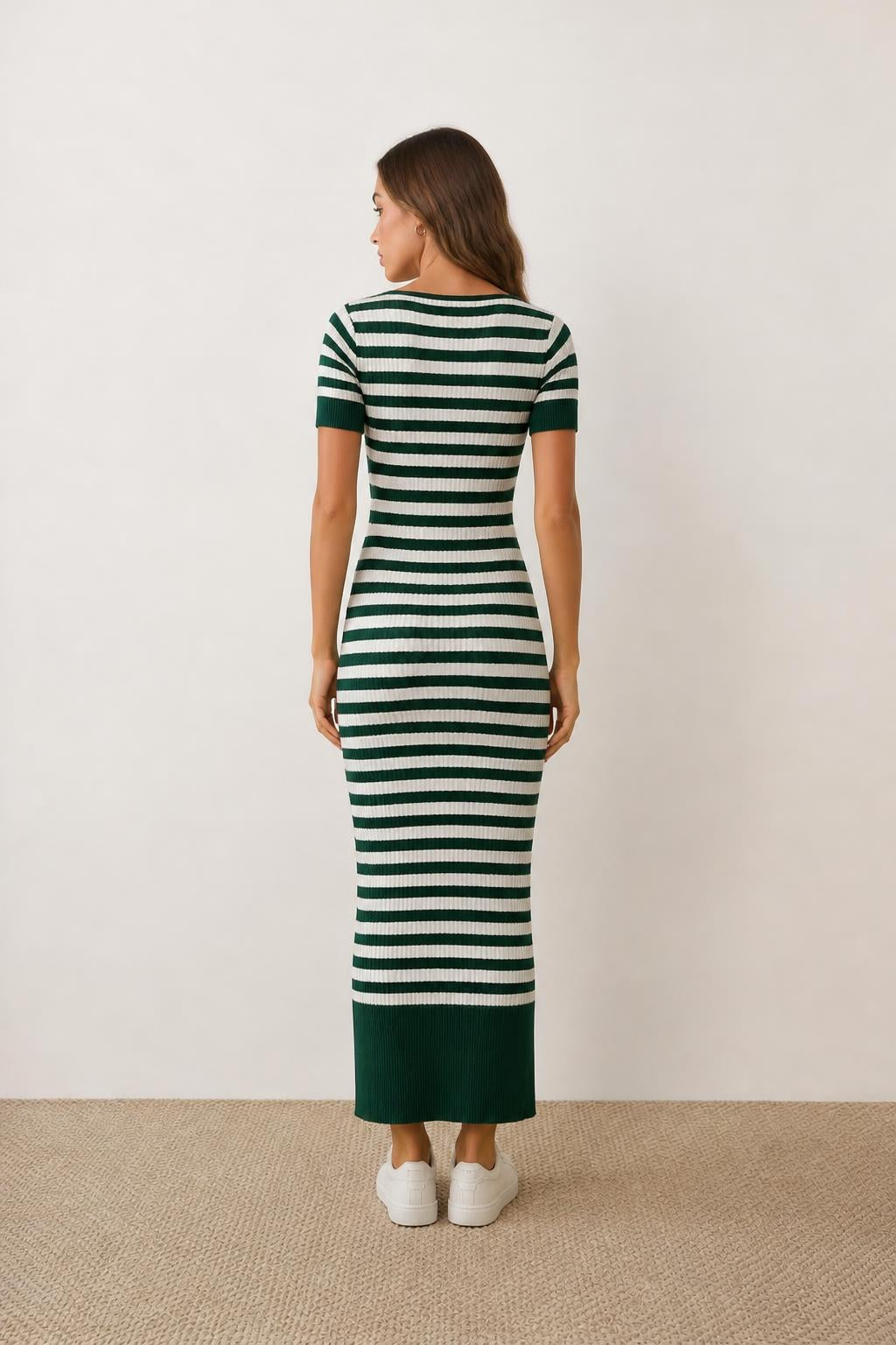 Evelyn | Short Sleeve Dress, Retro Square-Neck Striped Midi with Waist Tie - back view