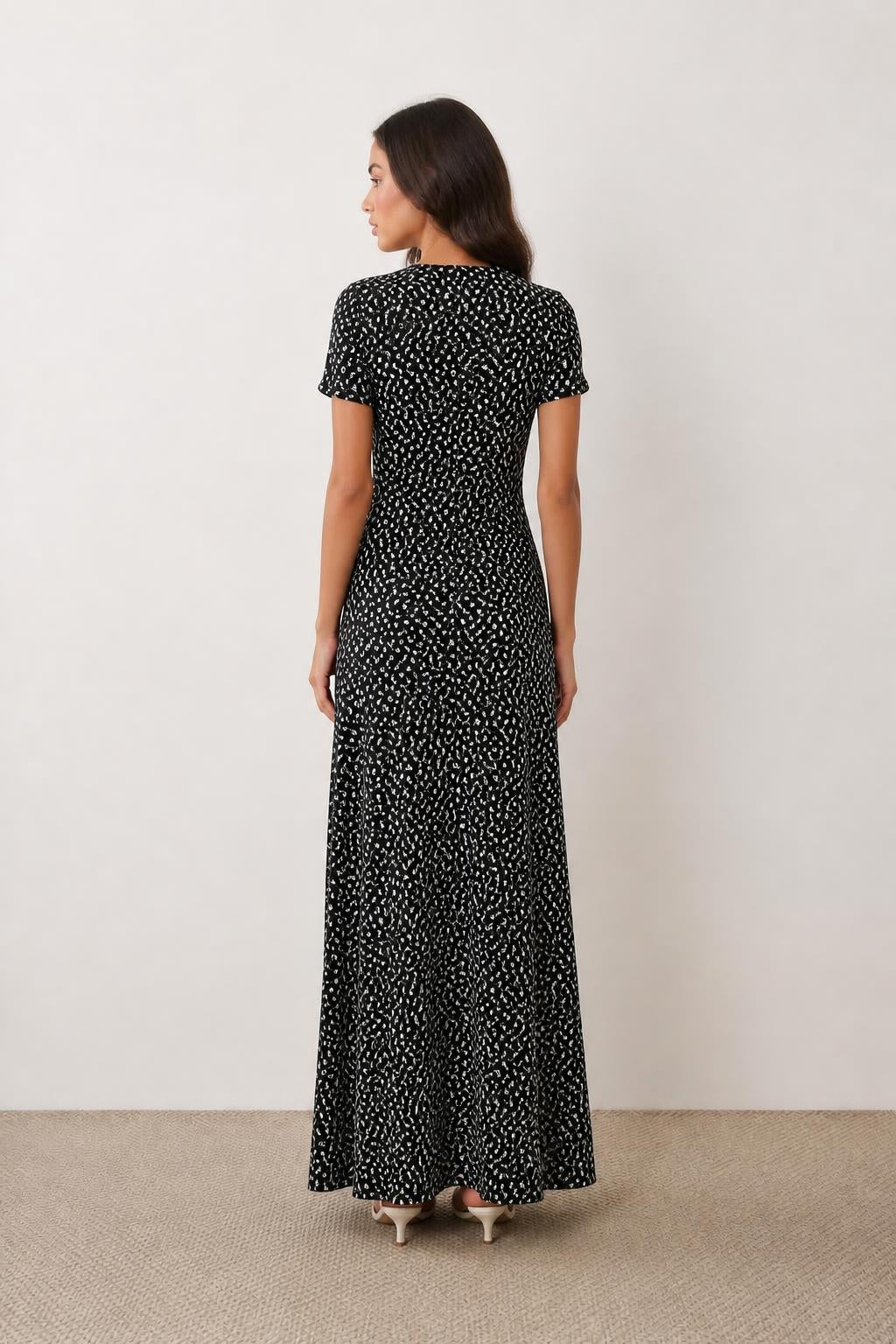 Charlotte | Floral Mini Dress, Black V-Neck with Short Sleeves - back view