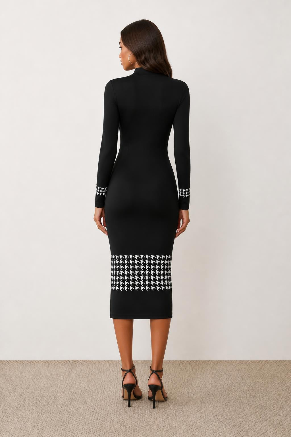 Emma | Fall Dress, Elegant Black with Houndstooth Trim - back view