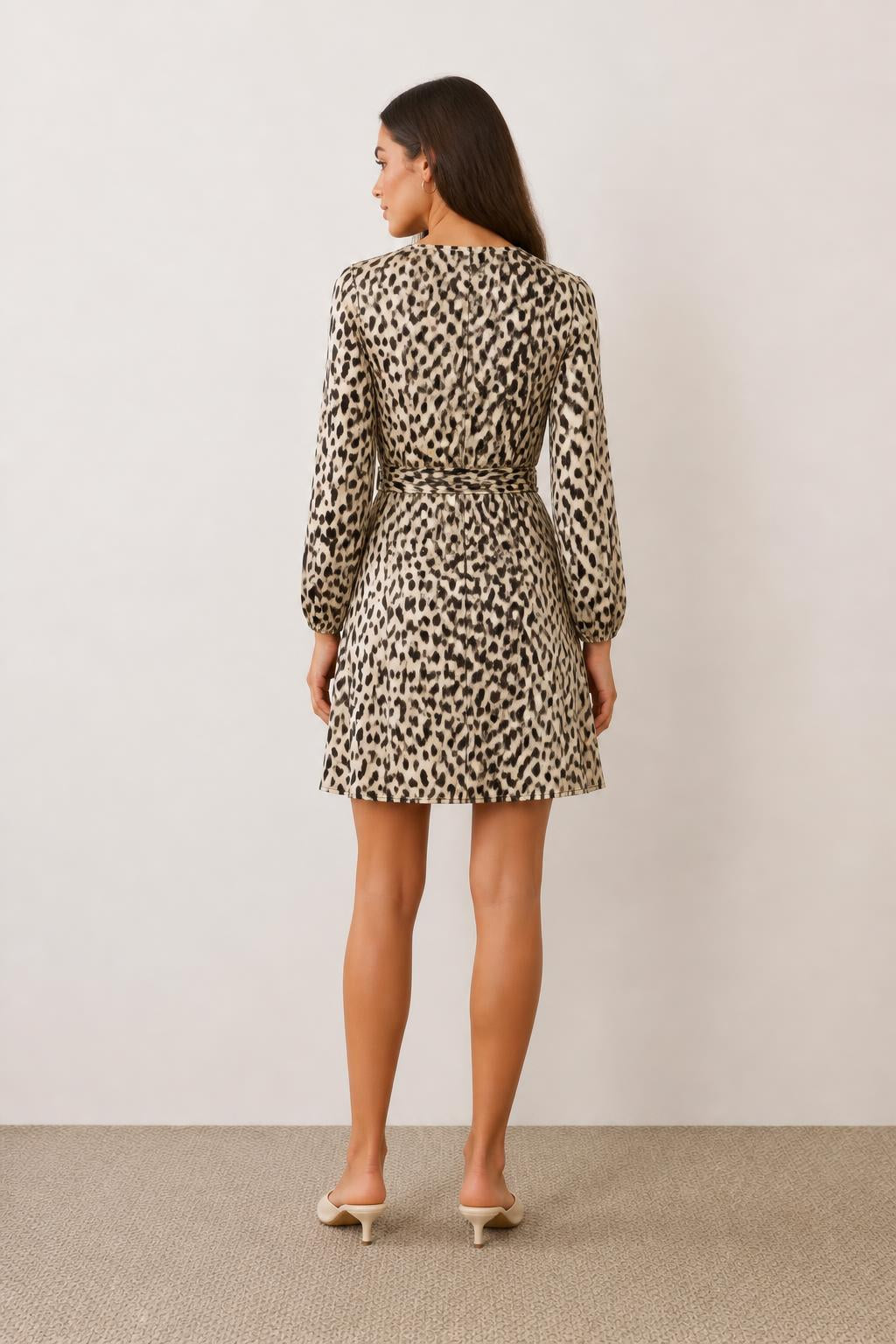 Sophia | A Line Mini Dress, Deer Print with Puff Sleeves and Waist Belt - back view