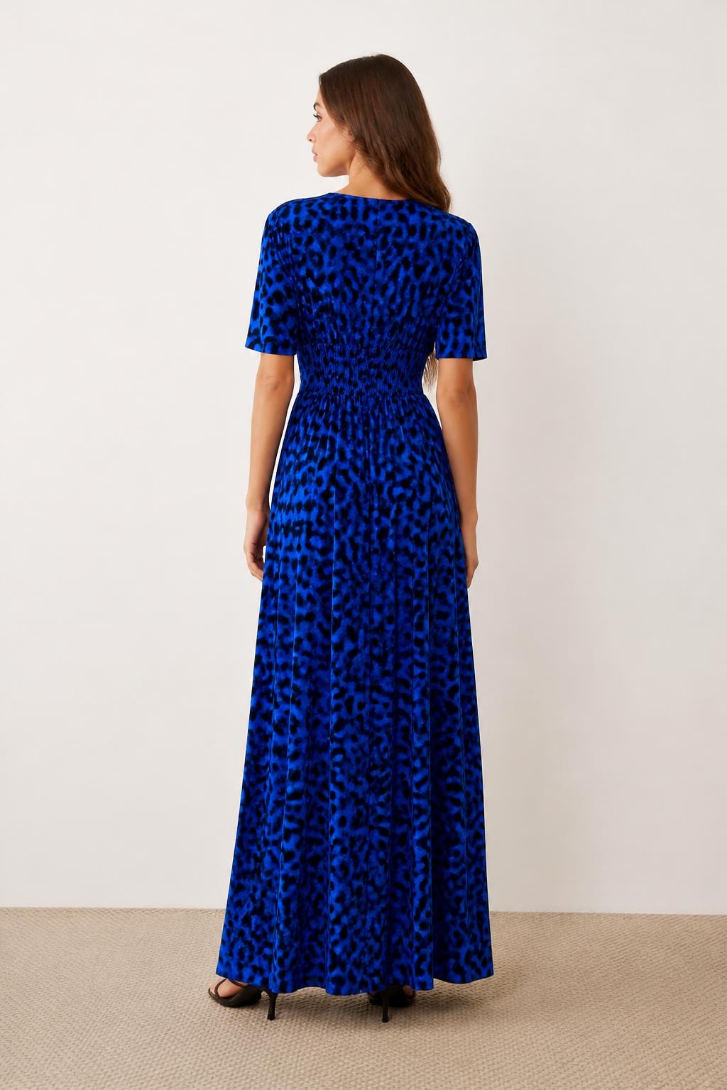 Evelyn | Button Up Dress, Short Sleeve Printed with Cinched Waist - back view