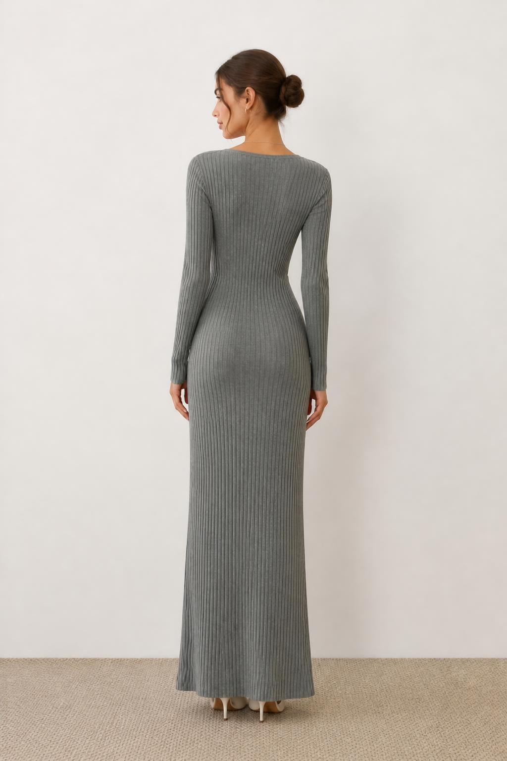 Charlotte | Long Sleeve Bodycon Dress, Women's Ribbed V-Neck - back view