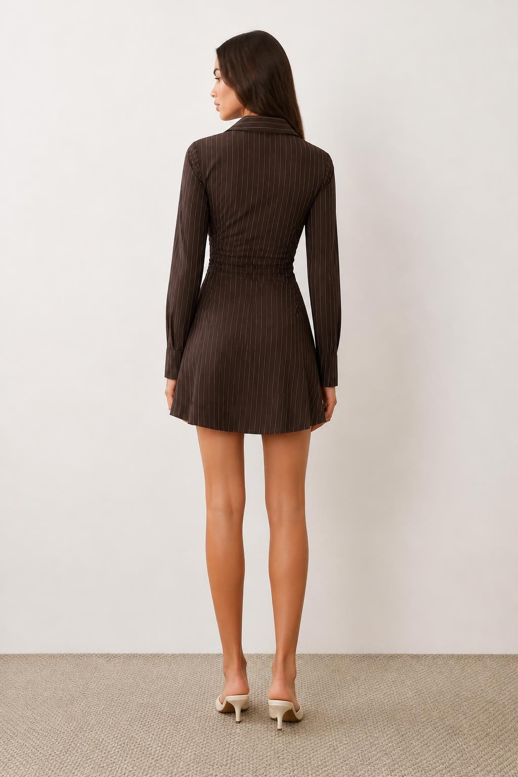 Emma | Striped Dress, Long Sleeve A-Line with Velvet Waist Tie - back view