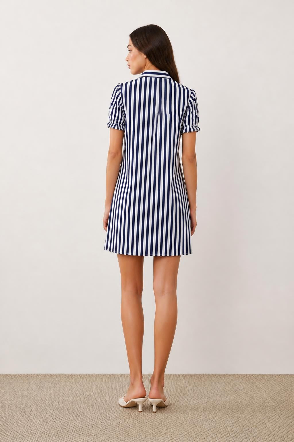 Amelia | Shirt Dress, Striped with Buttons and Puff Sleeves - back view