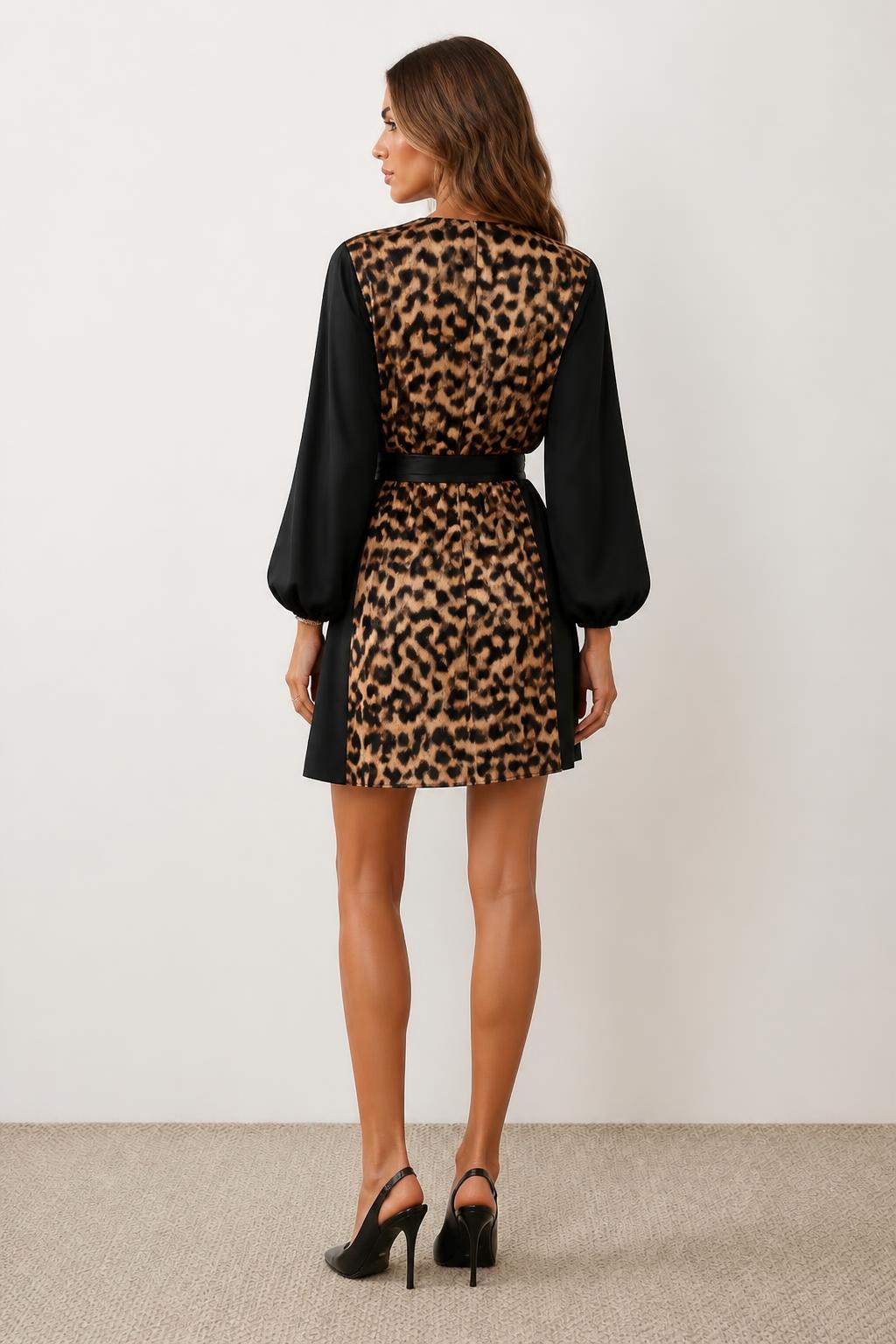Mia | Leopard Print Dress, Women's Shirt Style with Tie - back view