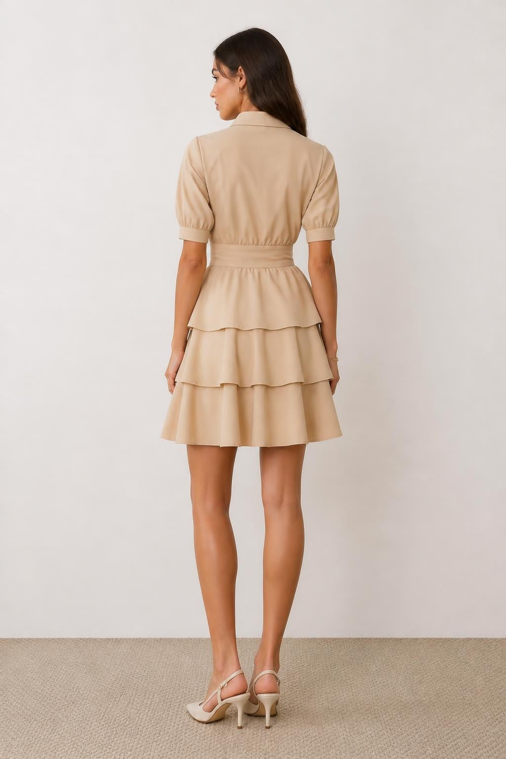 Sofia | Puff Sleeve Dress, French High-Waist Layered Shirt Style - back view