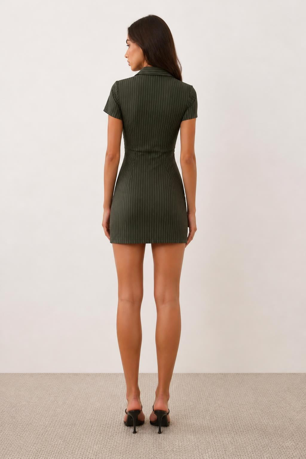 Olivia | Short Sleeve Mini Dress, Ruched Pinstripe Shirt Style - back view