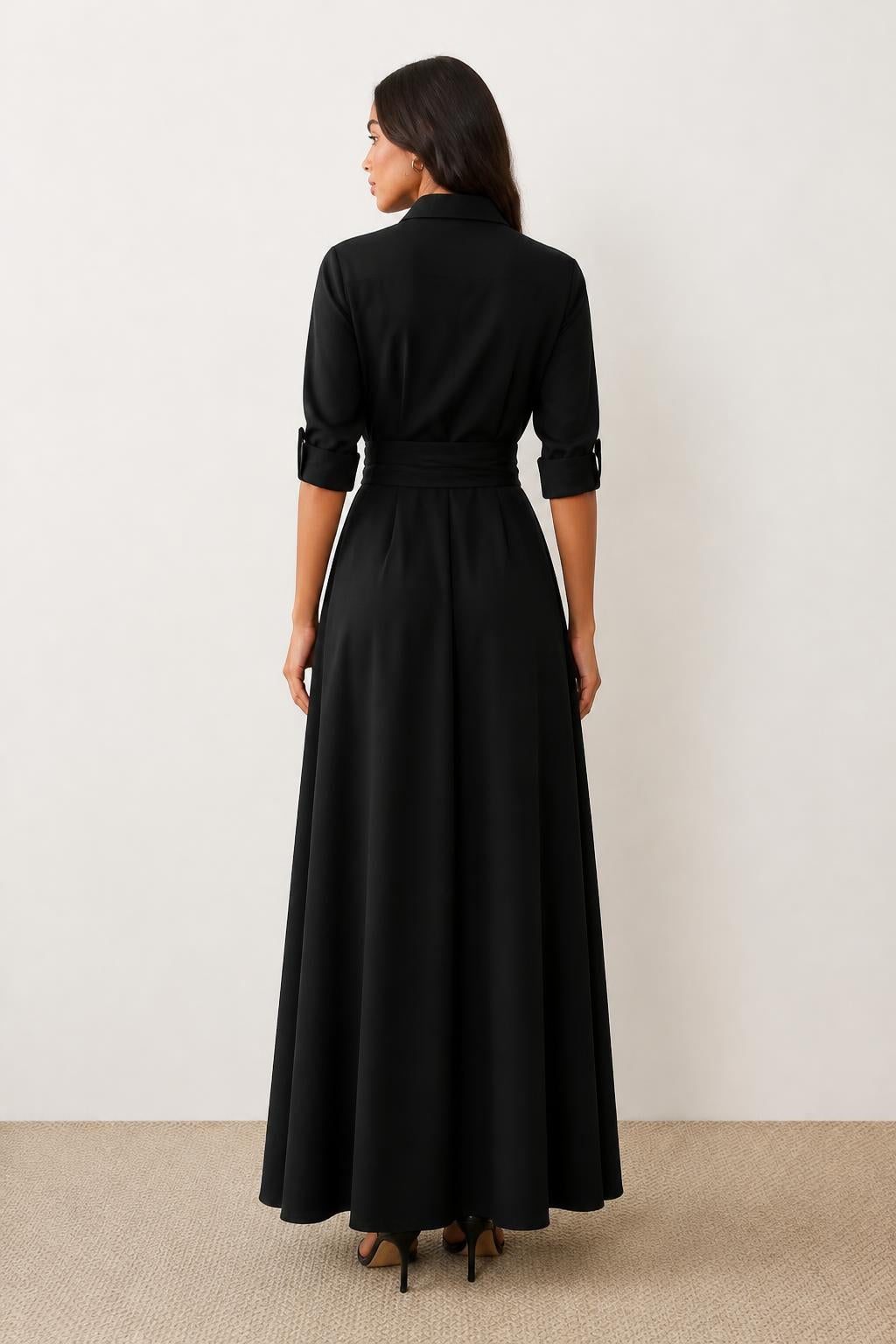 Emma | Black Shirt Dress, Elegant Long Sleeve with Waist Tie - back view
