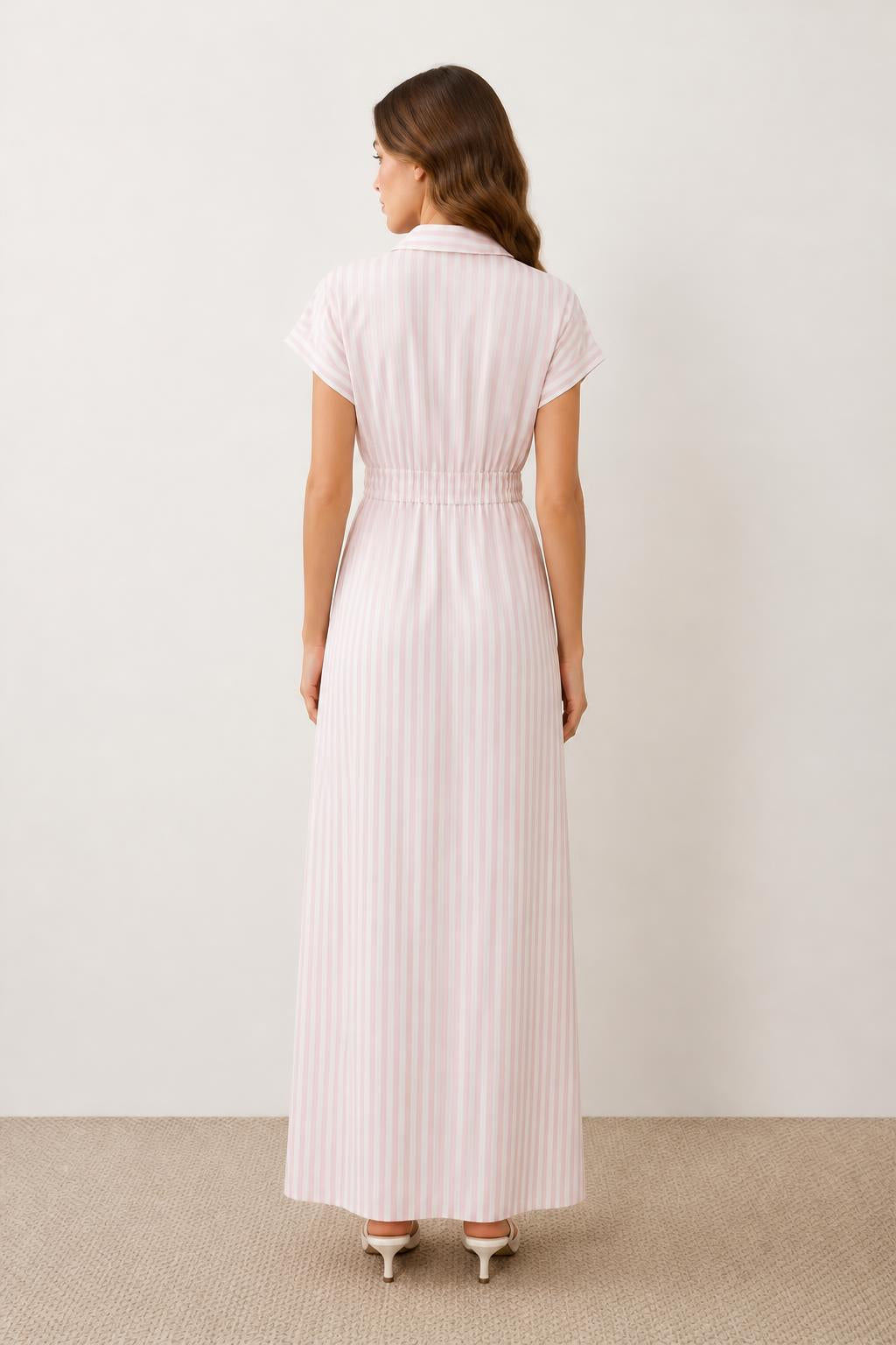 Amelia | Summer Dress, Striped Mid-Length Shirt Style with Defined Waist - back view