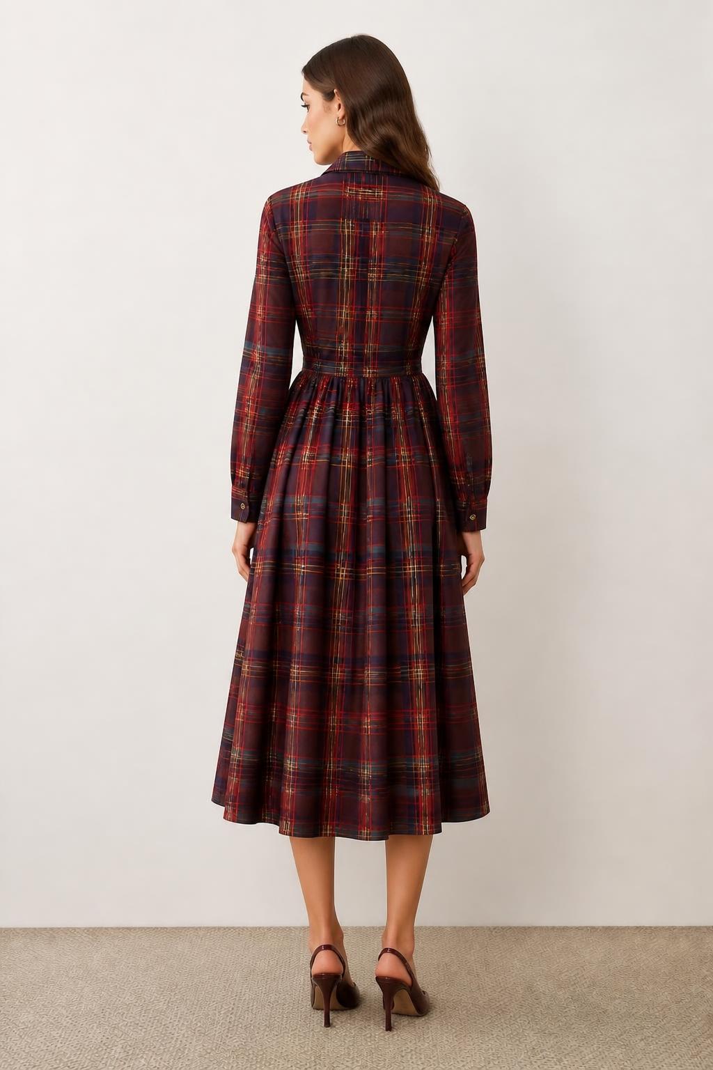 Sophia | Plaid Mini Dress, Vintage Shirt Collar with Pleated Waist - back view