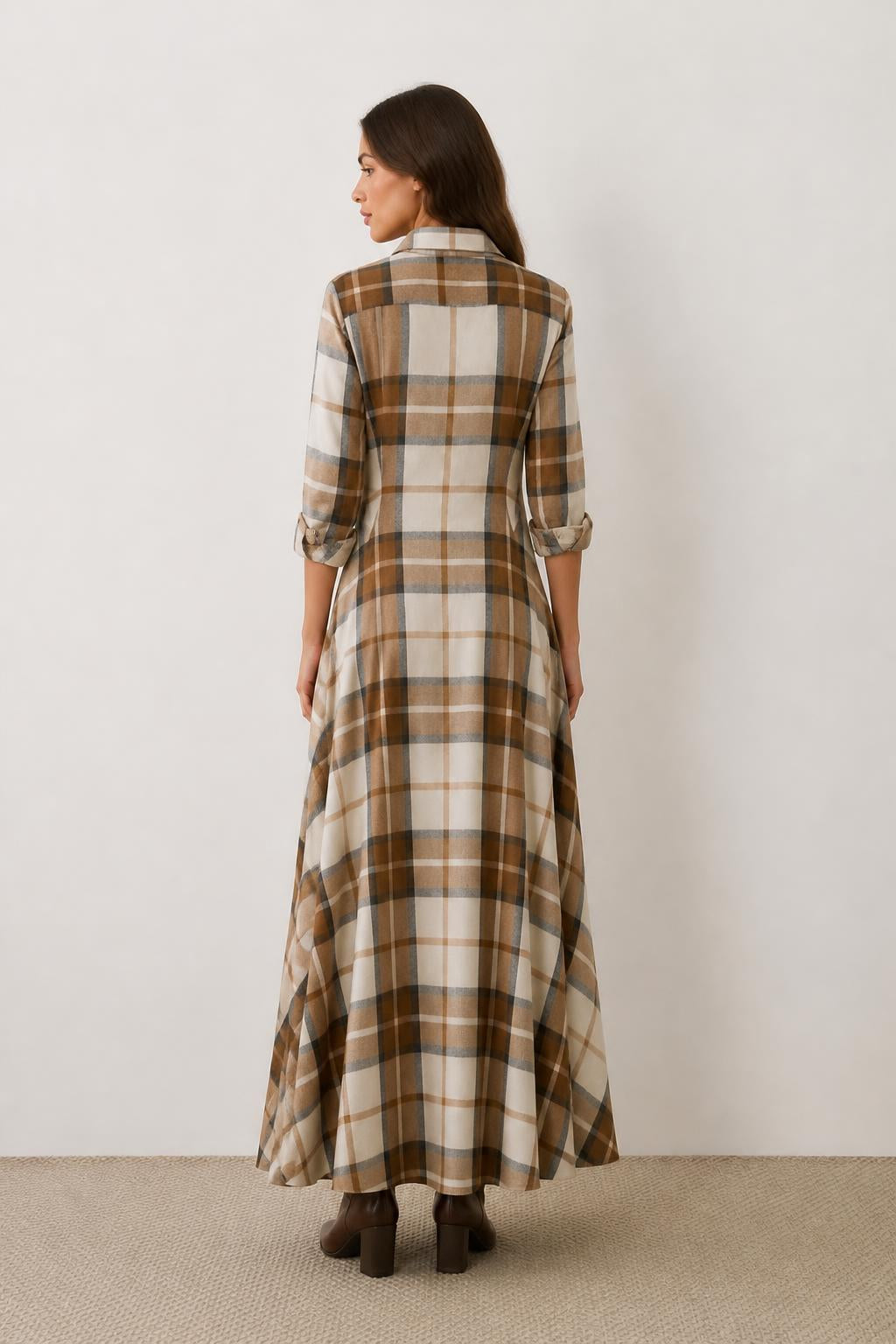 Isabella | Plaid Dress, Long Sleeve Shirt Style (Belt Not Included) - back view
