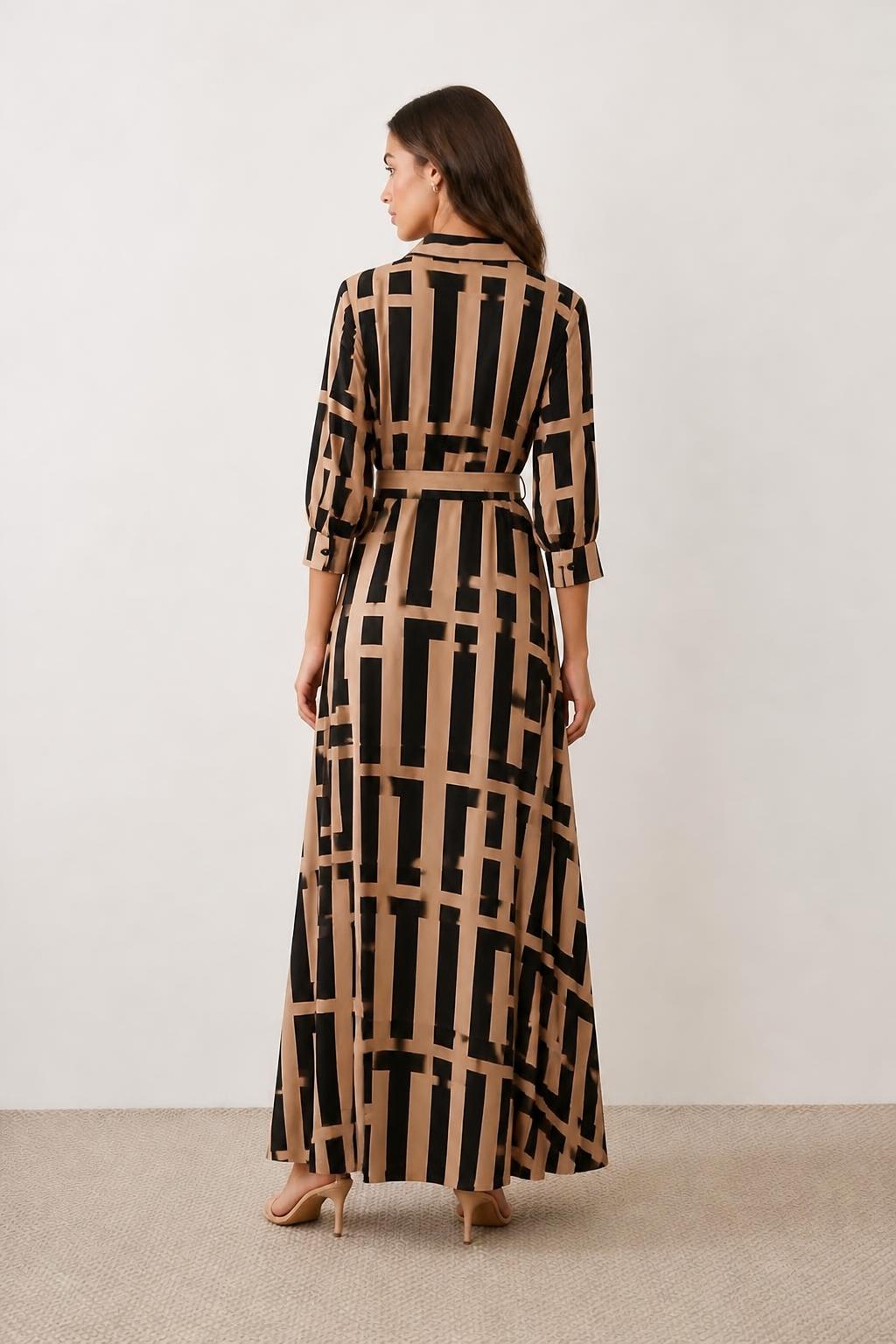 Evelyn | Long Sleeve A Line Dress, Geo-Print Buttoned with Belt - back view