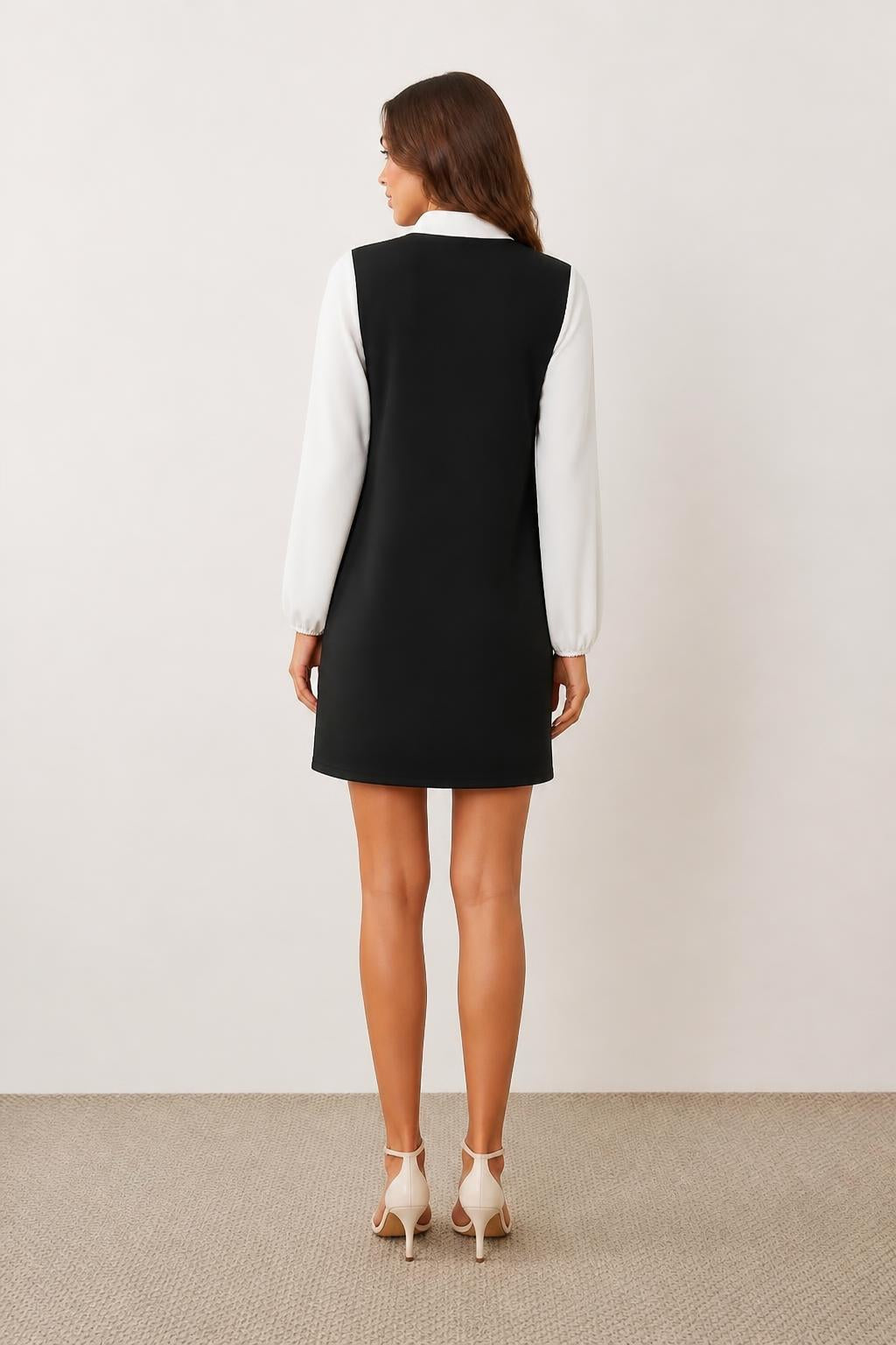 Sofia | Black and White Dress, Two-Tone Shirt Style - back view