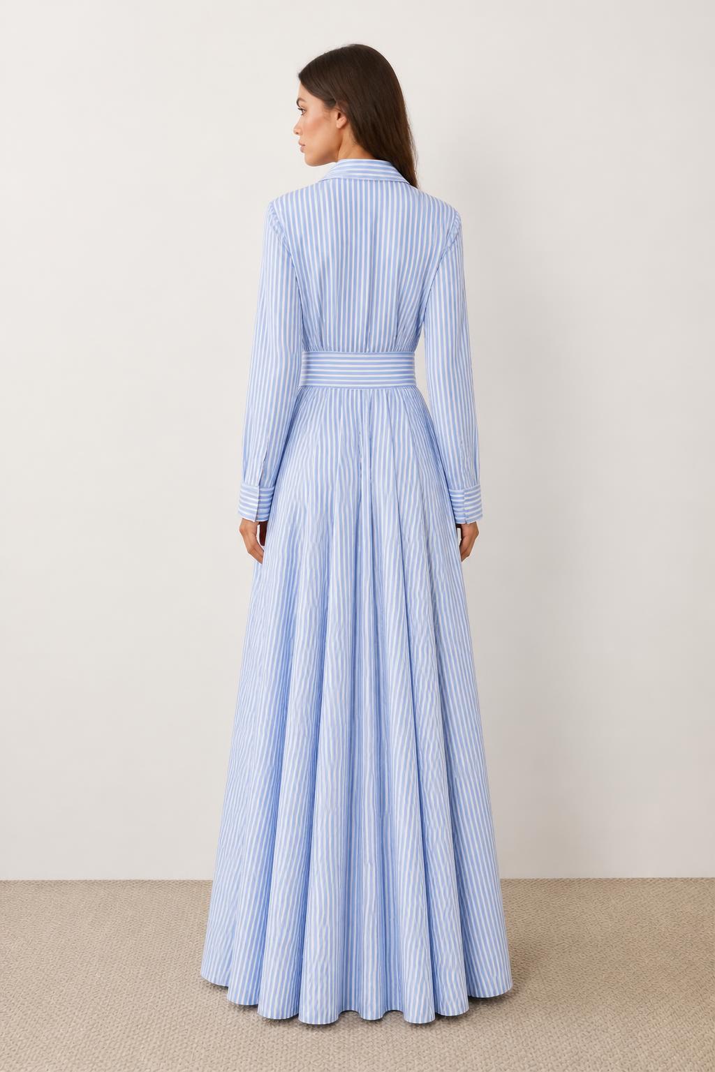 Eliana | Blue and White Dress, Striped A-Line with Waist Tie - back view