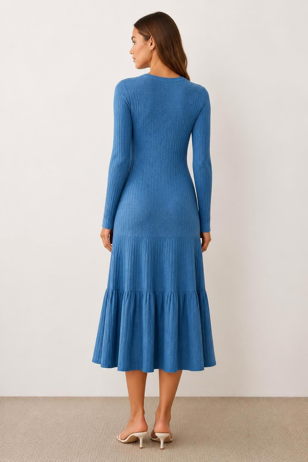 Charlotte | Casual Dress, Elegant Solid Long Sleeve with Ruffles - back view