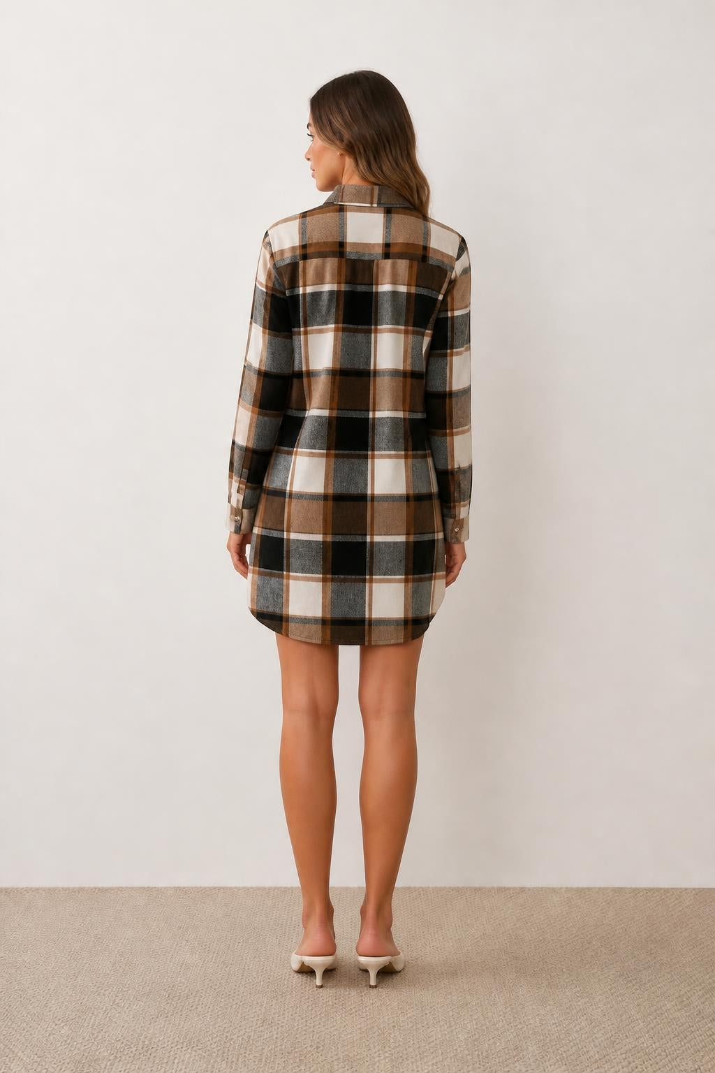 Emma | Ladies Plaid Dress, Button-Up with Dropped Shoulders for Fall/Winter - back view