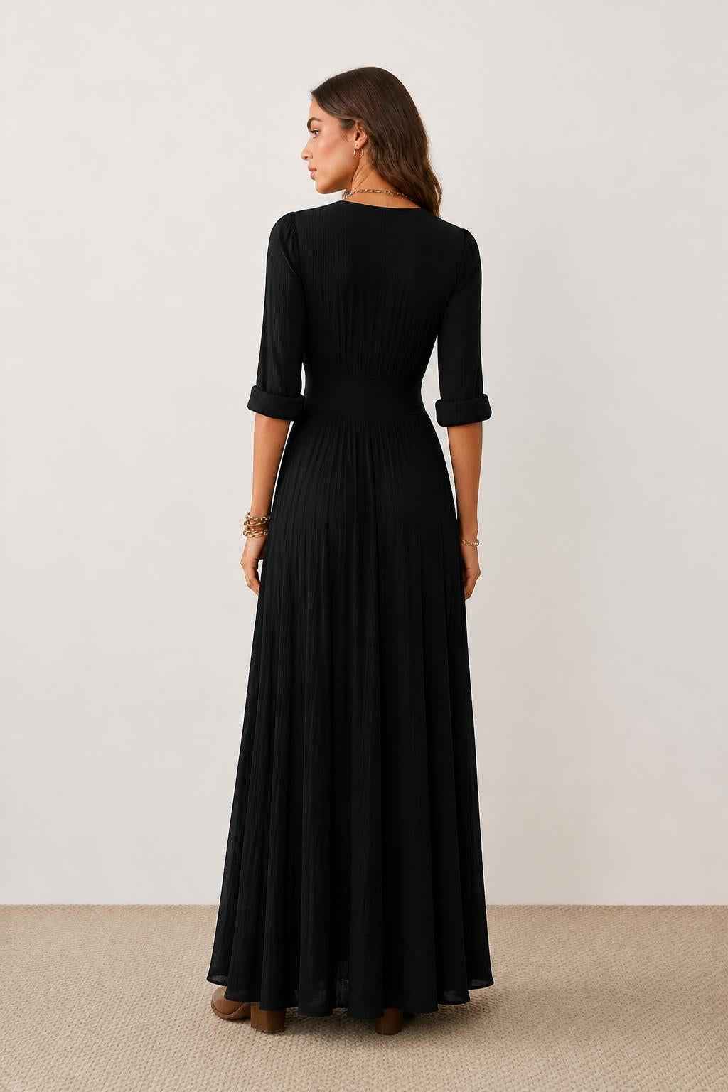 Sophia | Pleated Dress, Long Sleeve Solid Color Shirt Style - back view