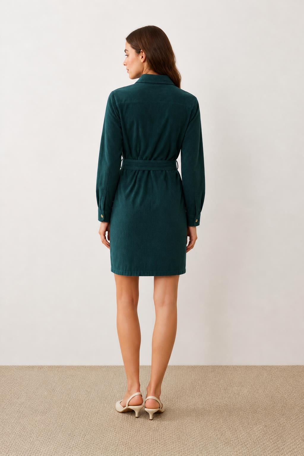 Mia | Corduroy Dress, Women's Shirt Style with Belt - back view