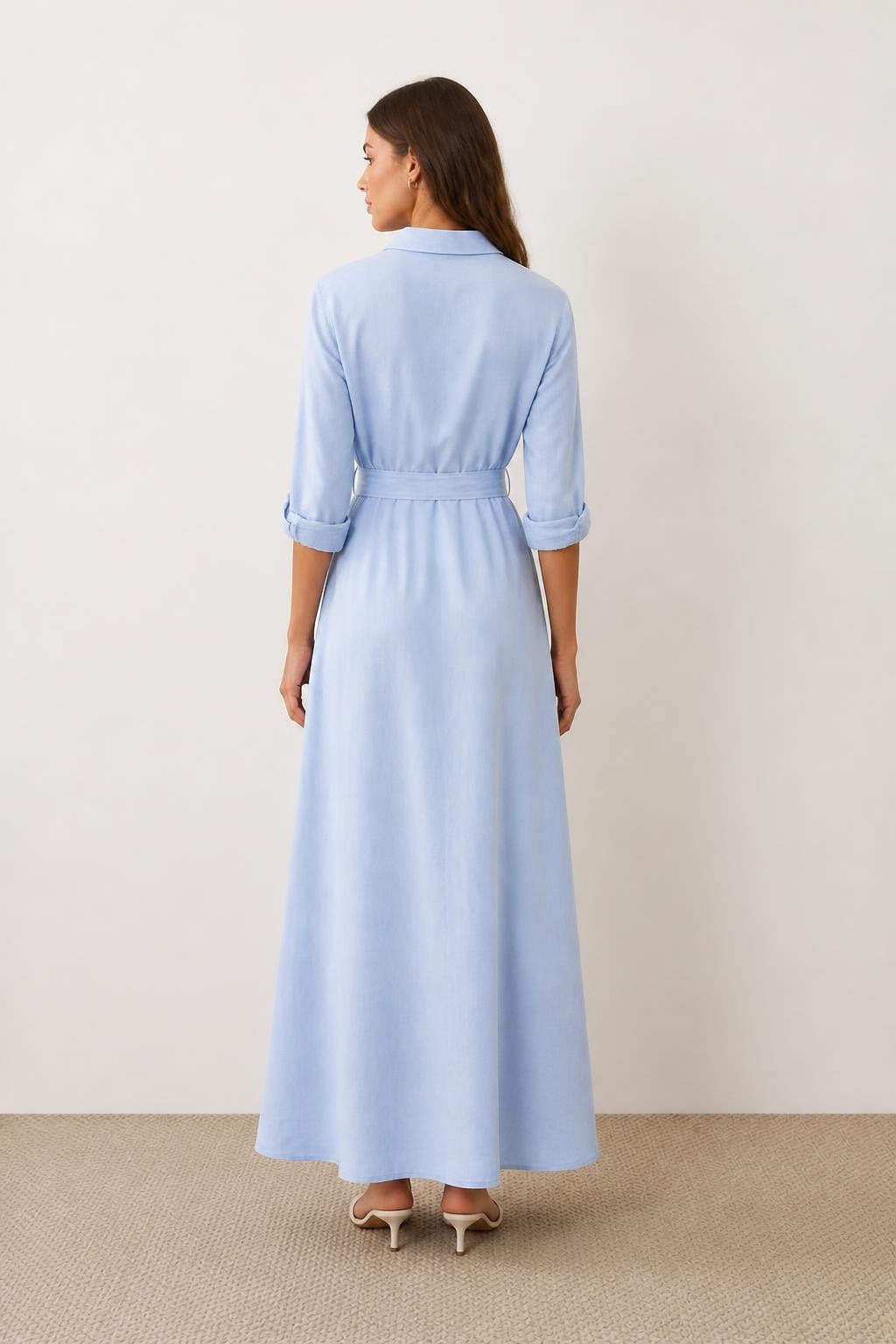 Sofia | Waisted Shirt Dress, French Lapel Tie-Waist Mid-Length A-Line - back view